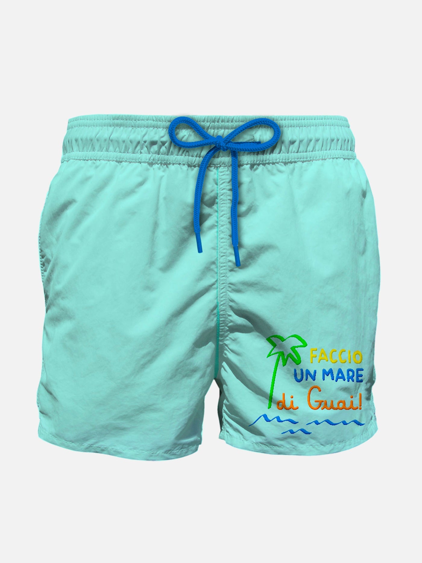 Costume da bagno per ragazzo con ricamo "Faccio un mare di guai!"