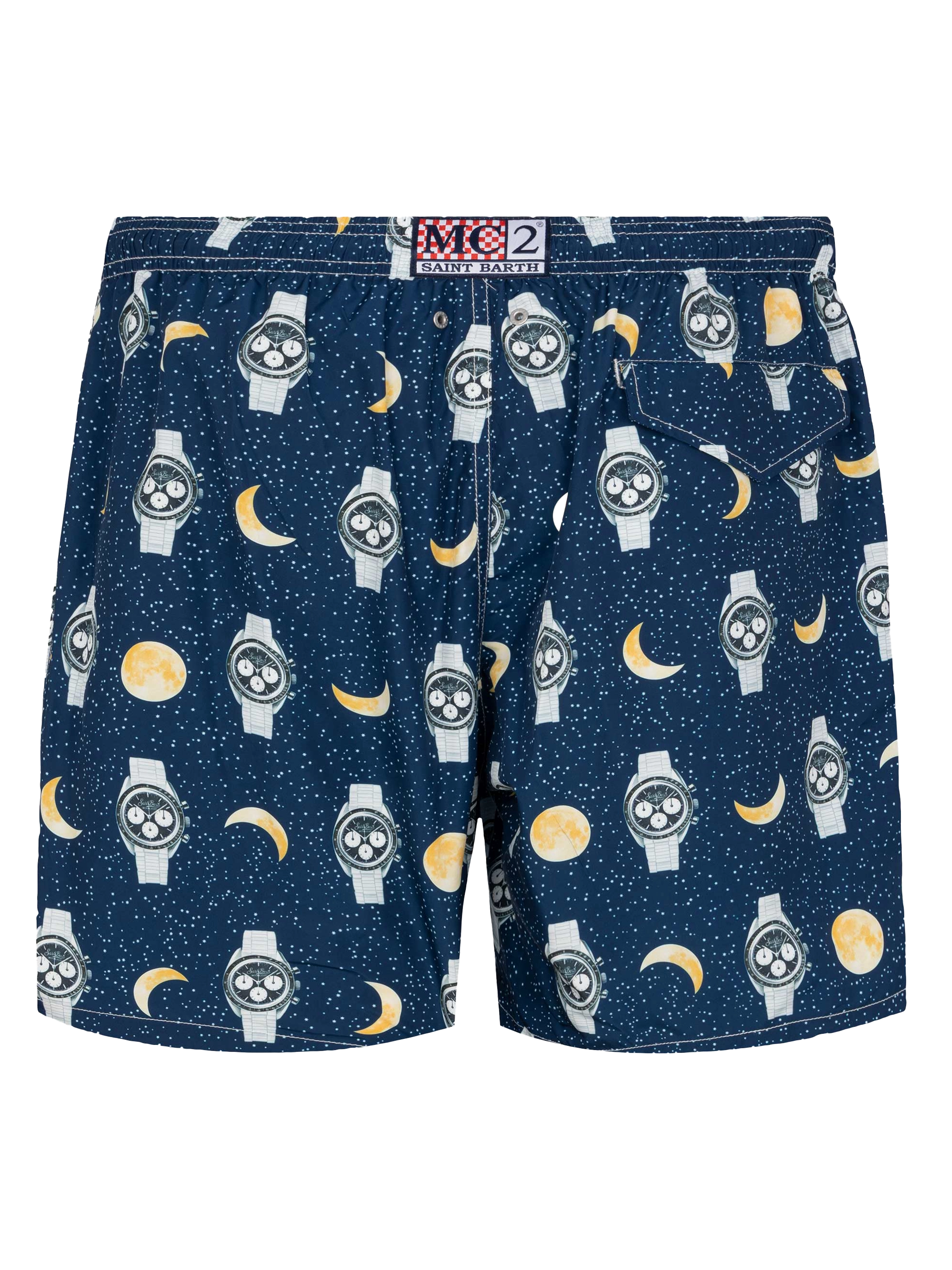 Lightweight fabric swim-shorts Lighting with watches and moon print