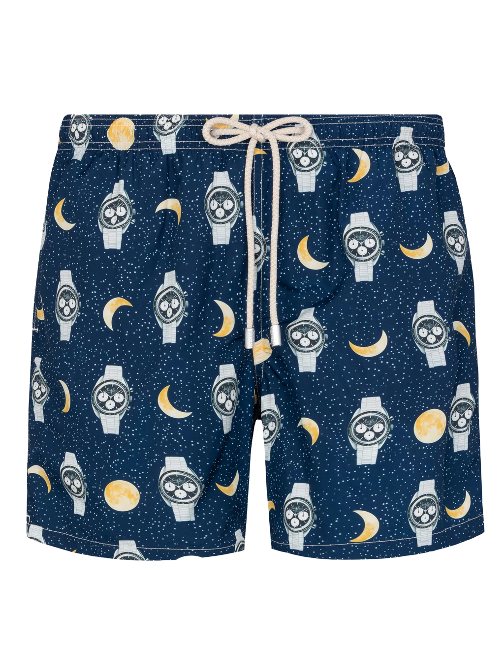 Lightweight fabric swim-shorts Lighting with watches and moon print