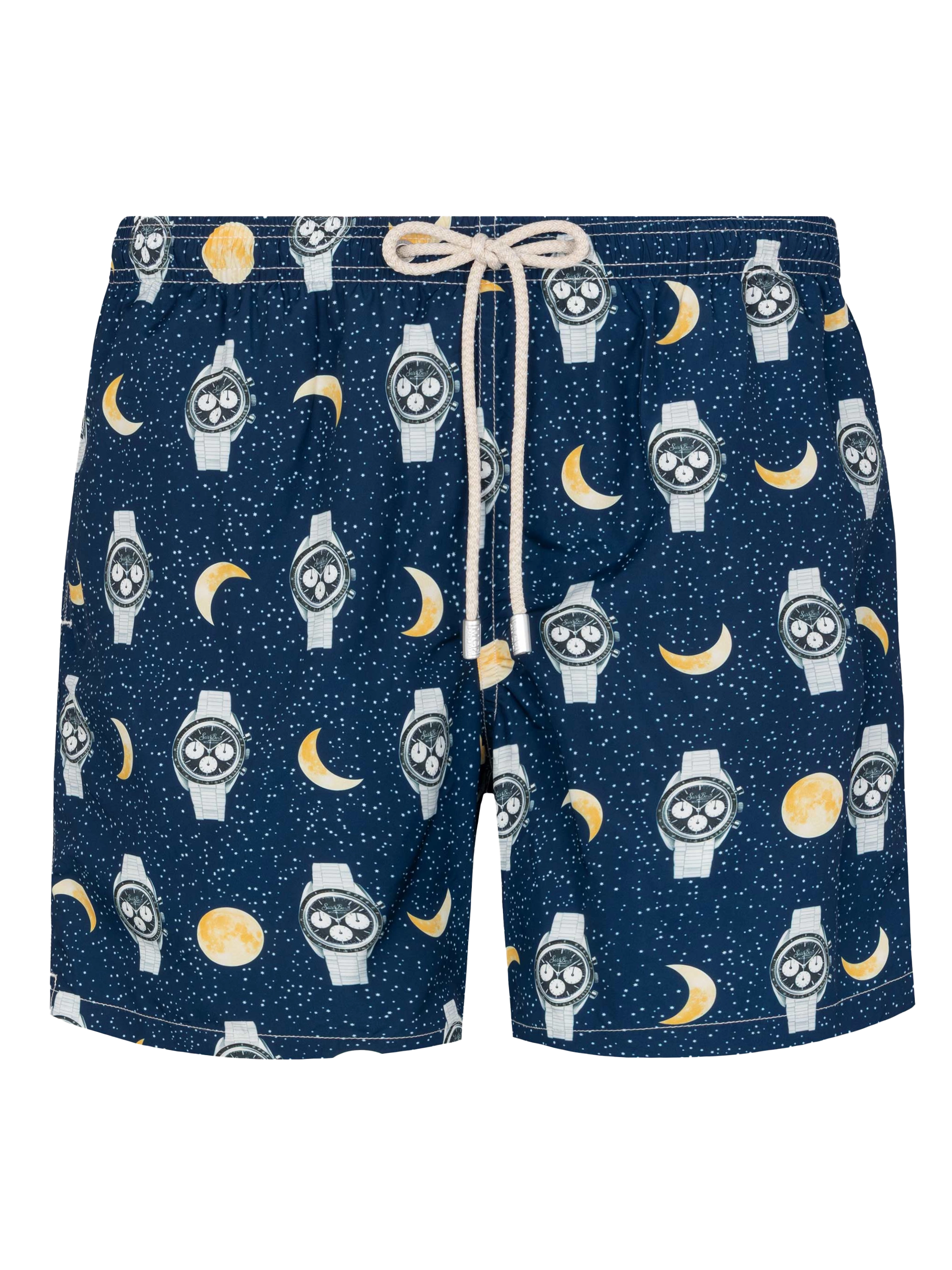 Lightweight fabric swim-shorts Lighting with watches and moon print