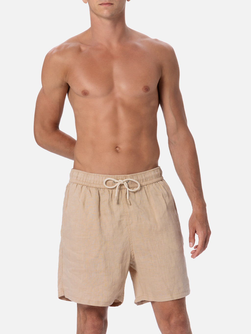 Gustavia beige plain-color linen swim shorts