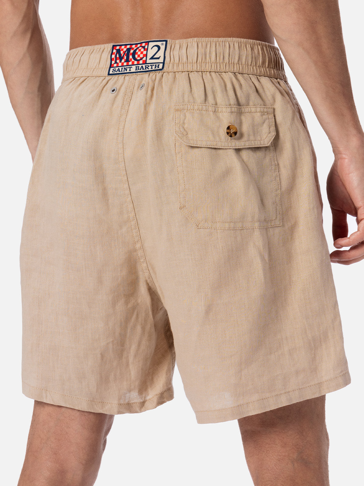 Gustavia beige plain-color linen swim shorts