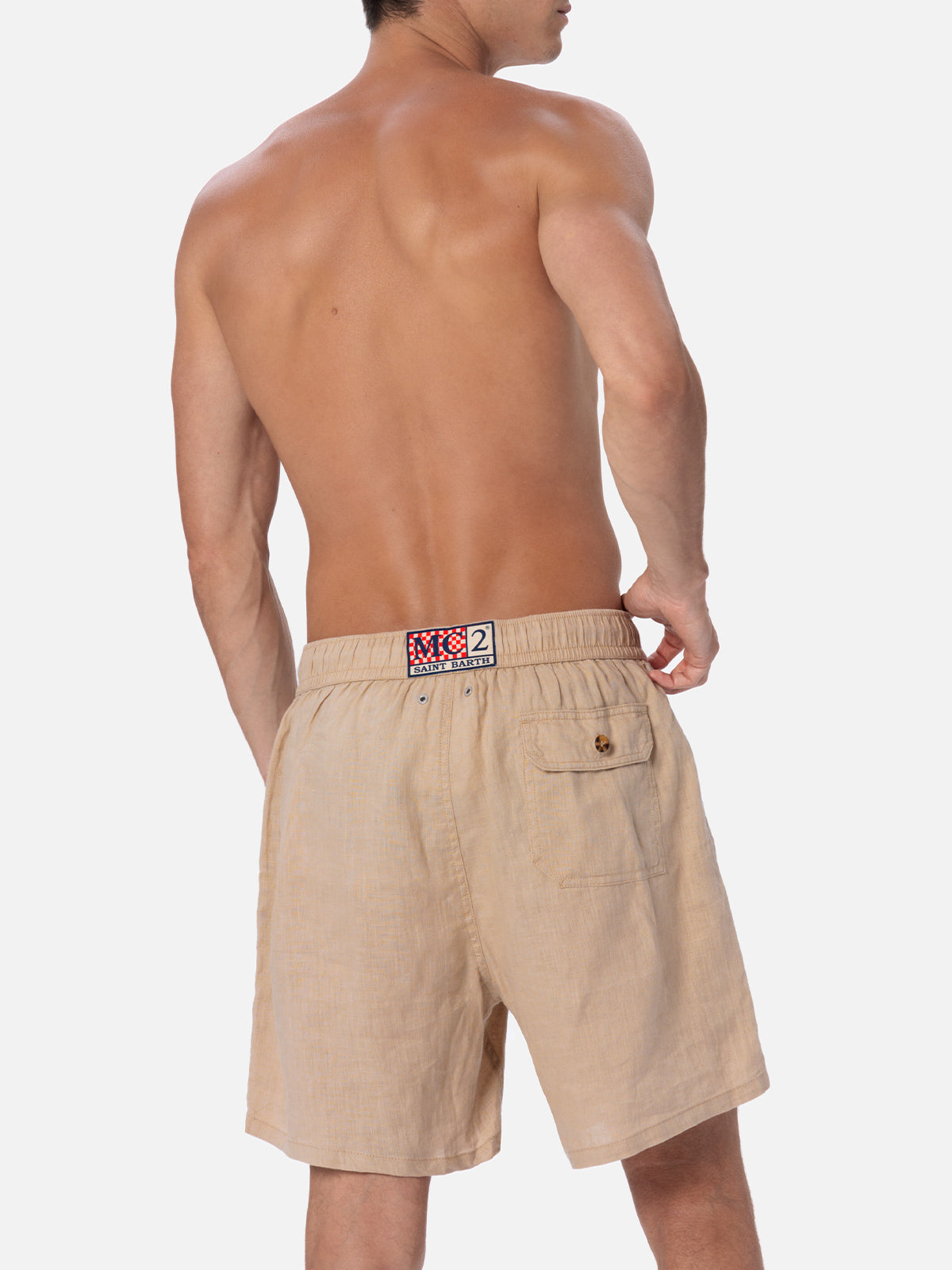 Gustavia beige plain-color linen swim shorts
