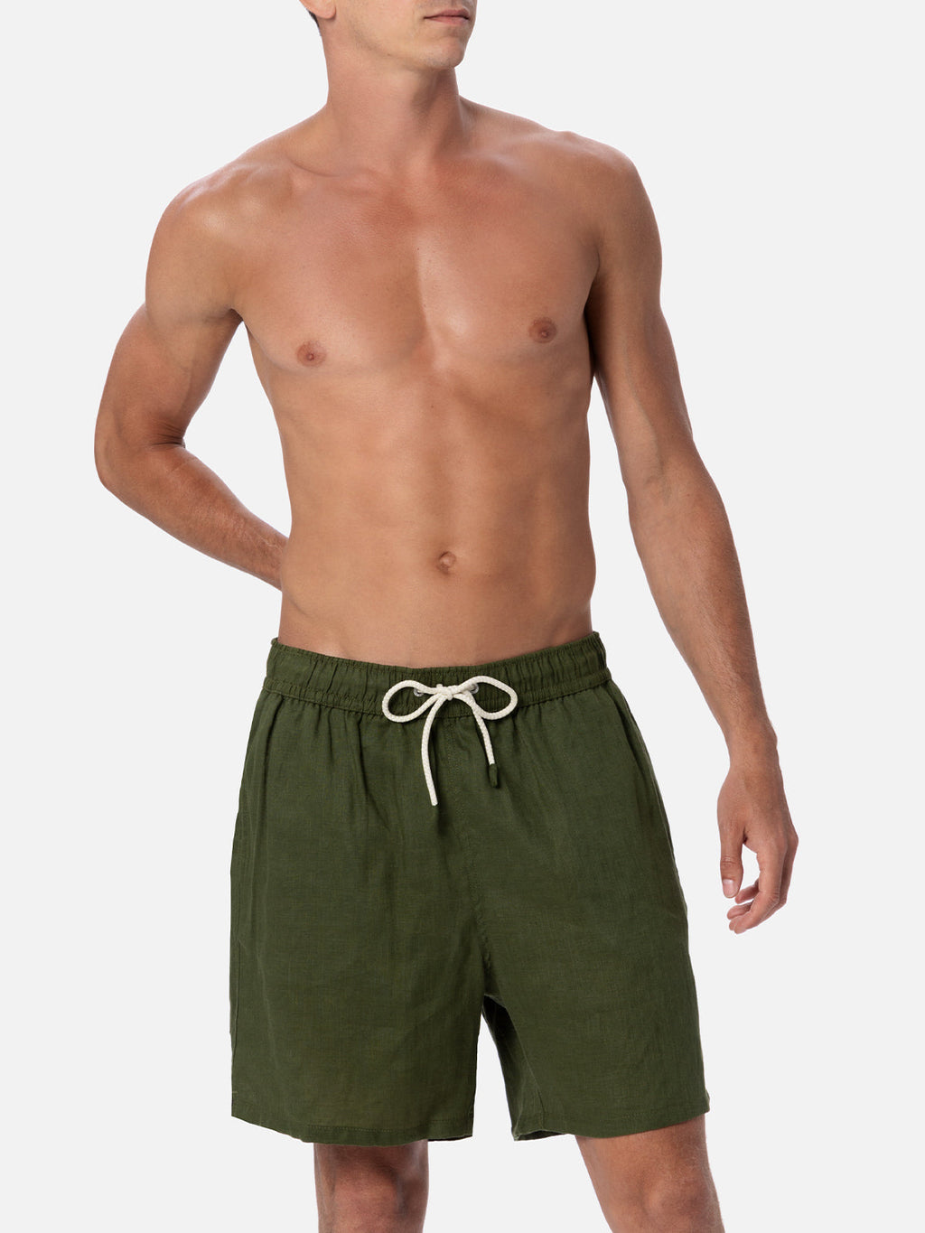 Gustavia military green plain-color linen swim shorts
