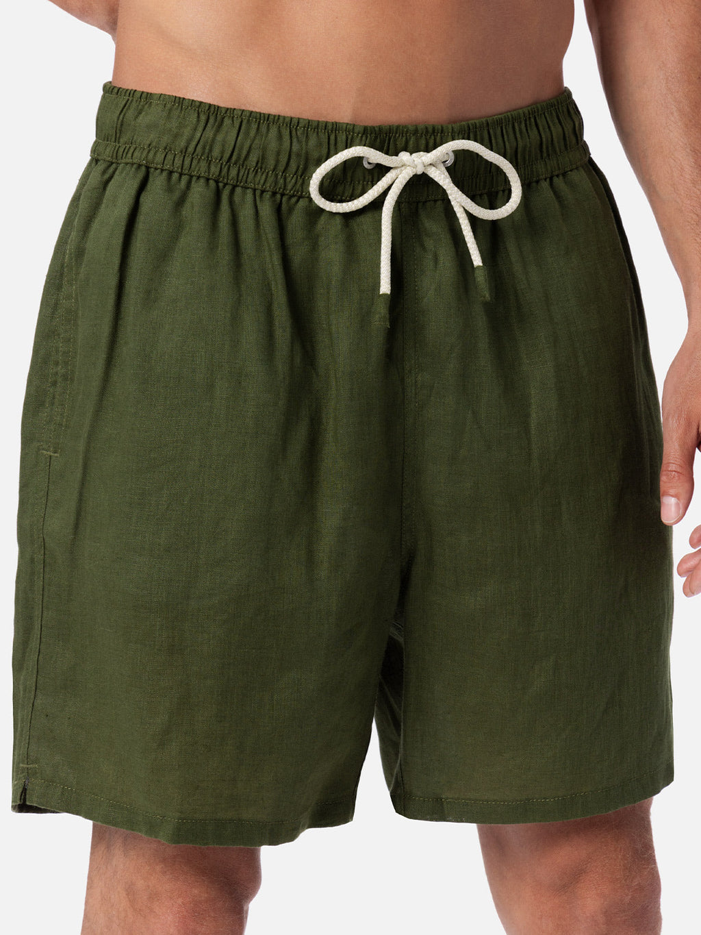 Gustavia military green plain-color linen swim shorts