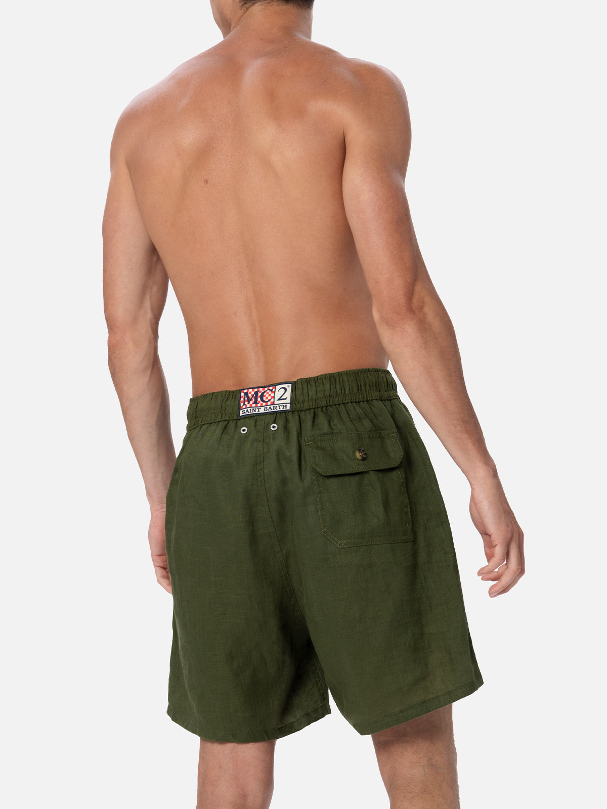 Gustavia military green plain-color linen swim shorts