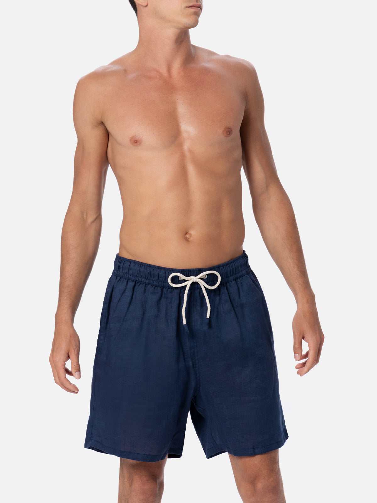 Gustavia blue plain-color linen swim shorts