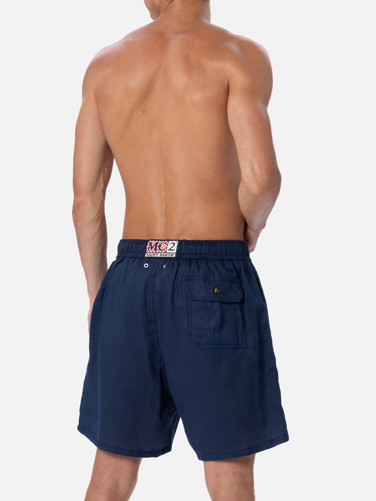 Gustavia blue plain-color linen swim shorts