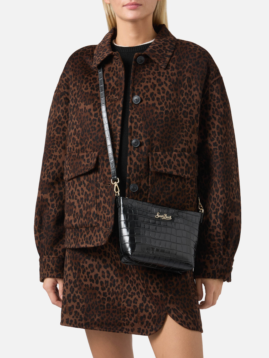 Aline Shoulder Bag in crocodile-print black leather