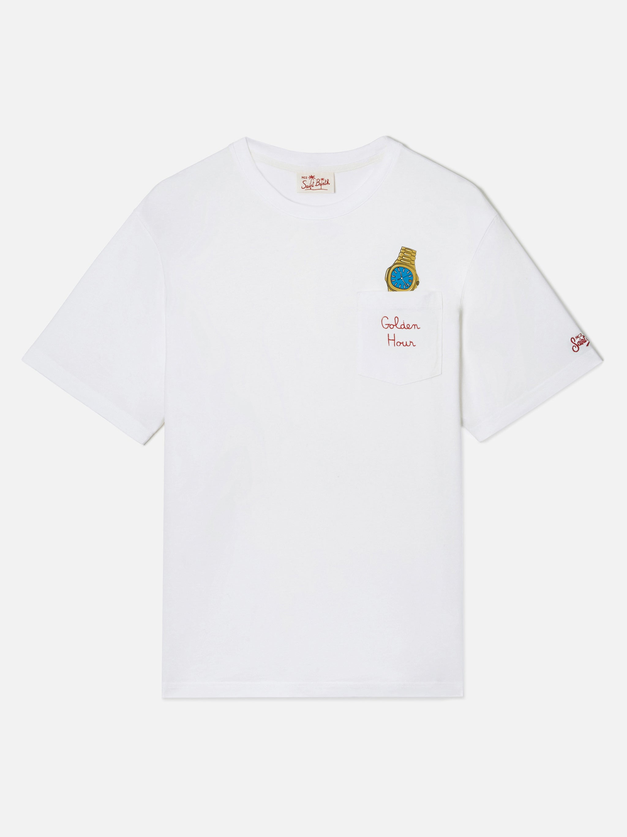 White Austin t-shirt with watch and Golden Hour embroidery