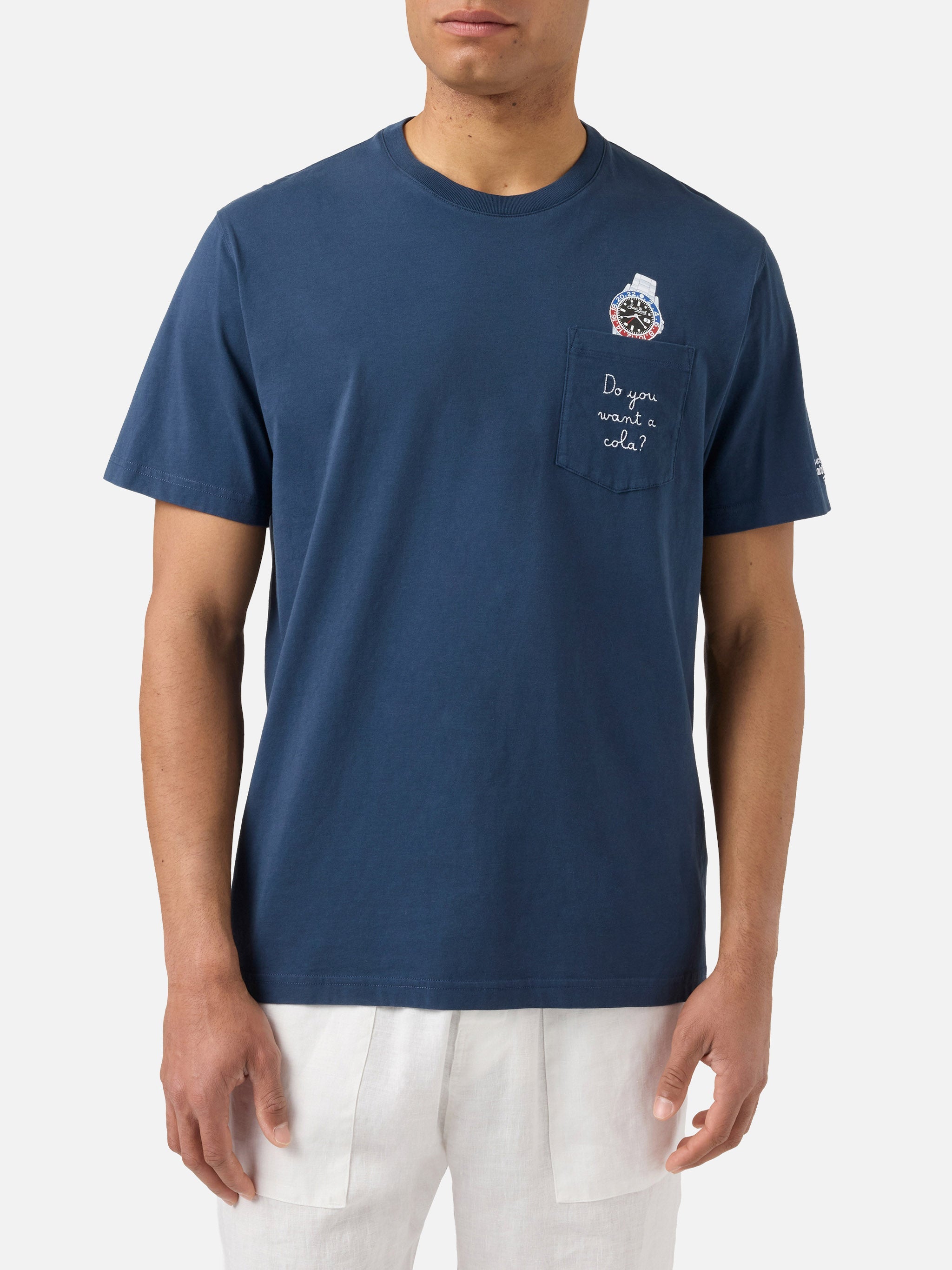 Blue Austin t-shirt with watch and Do You Want A Cola? embroidery