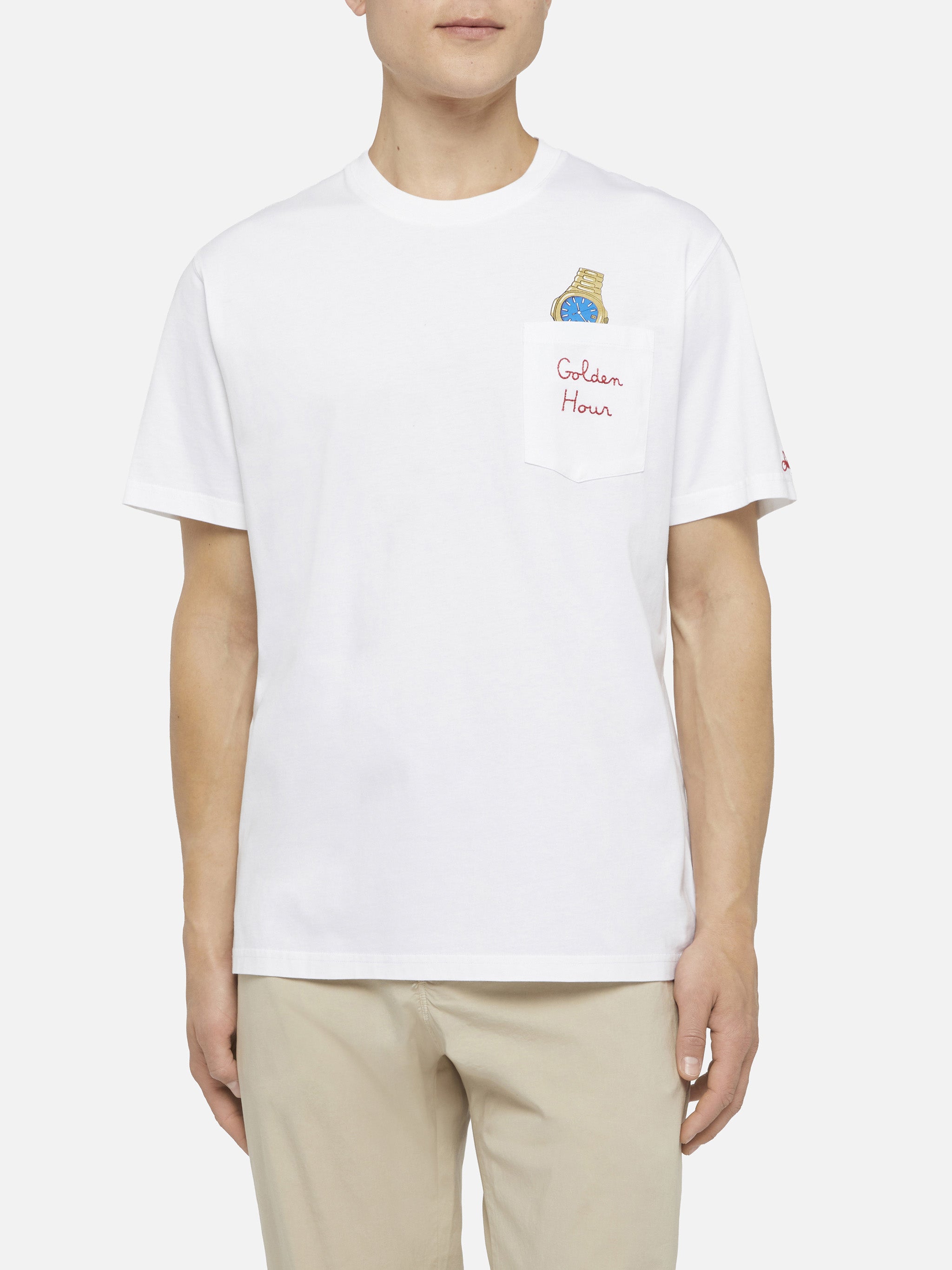 T-shirt in cotone Austin con ricamo e stampa orologio