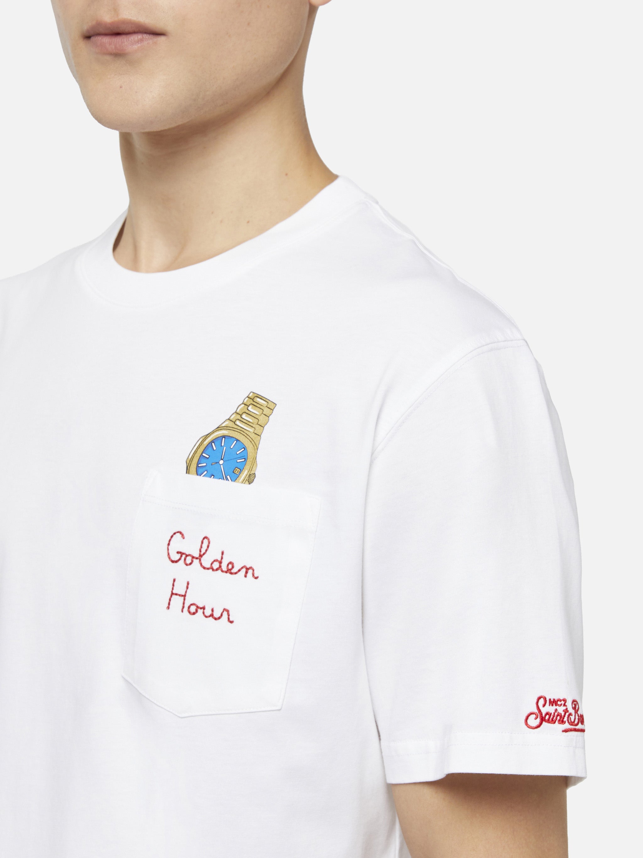 T-shirt in cotone Austin con ricamo e stampa orologio
