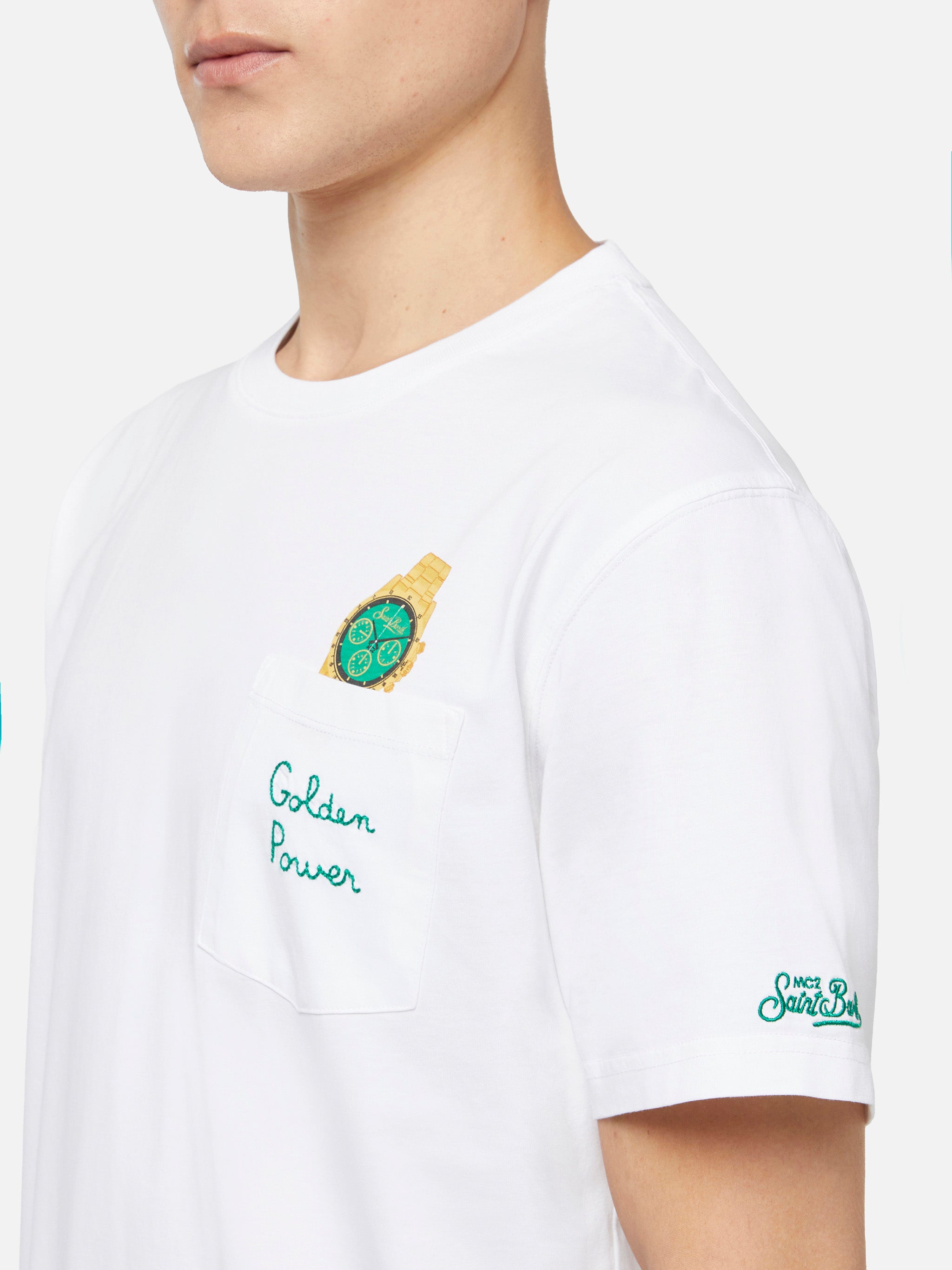 T-shirt in cotone Austin con ricamo e stampa orologio