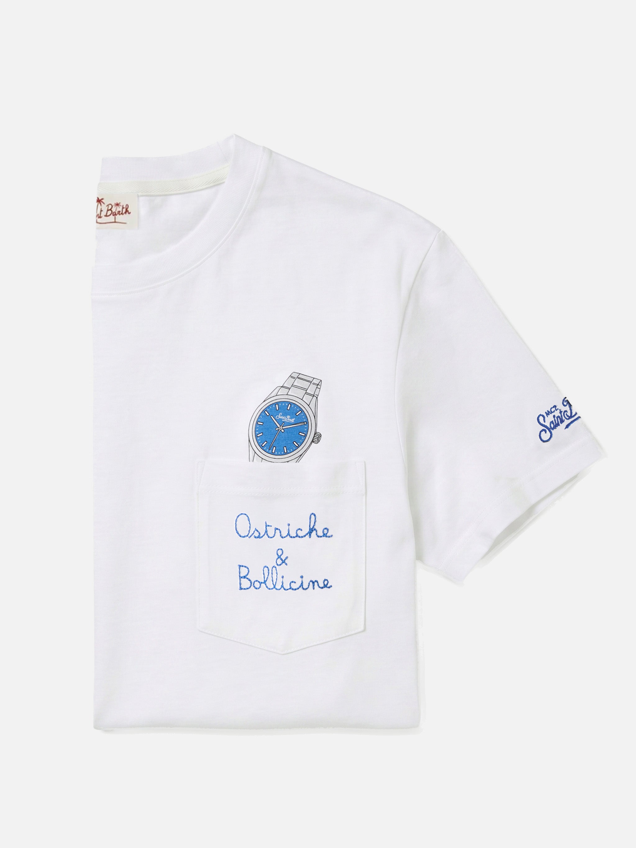 White Austin t-shirt with watch and Ostriche e Bollicine embroidery