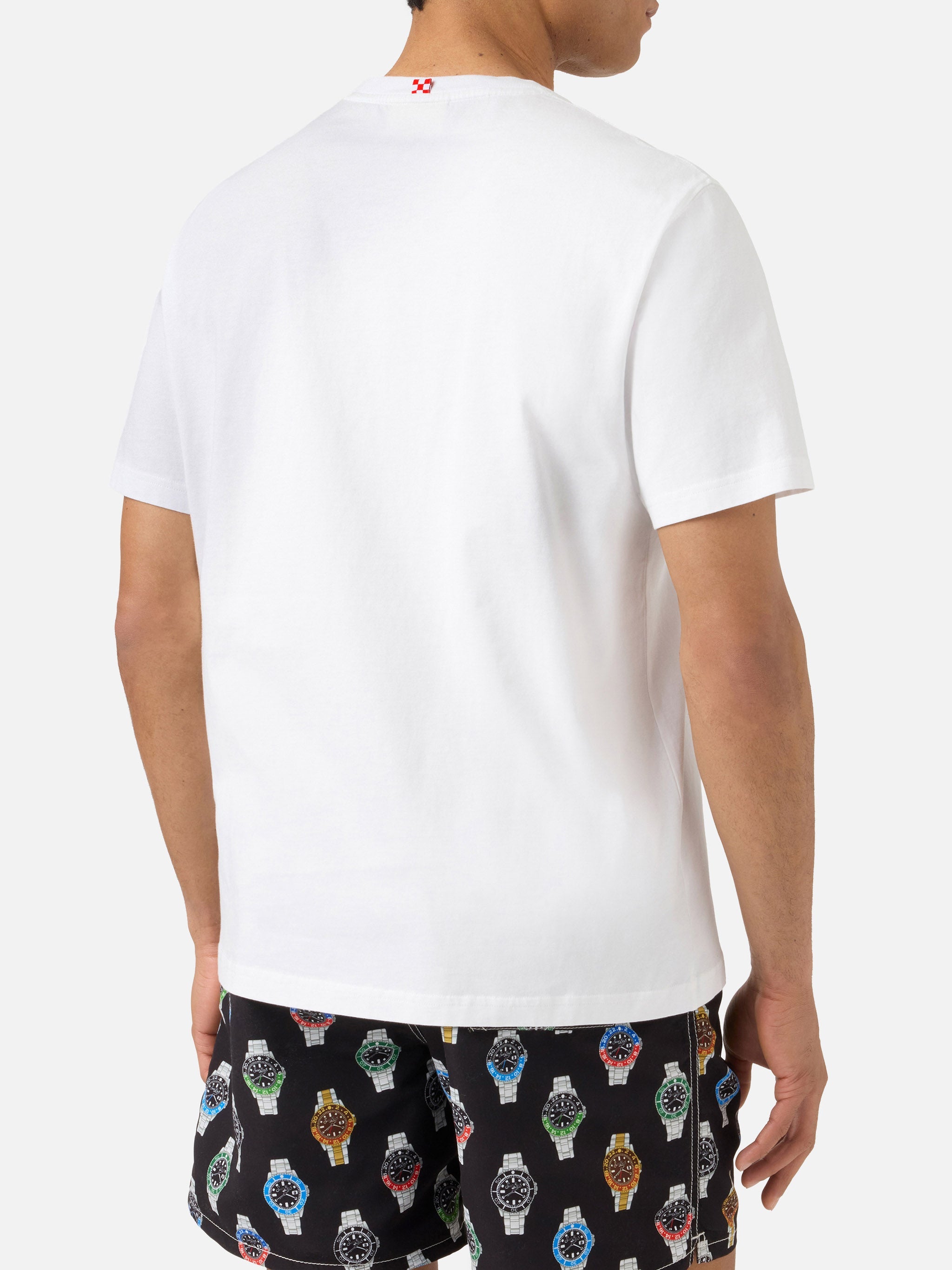 White Austin t-shirt with watch and Freccione embroidery