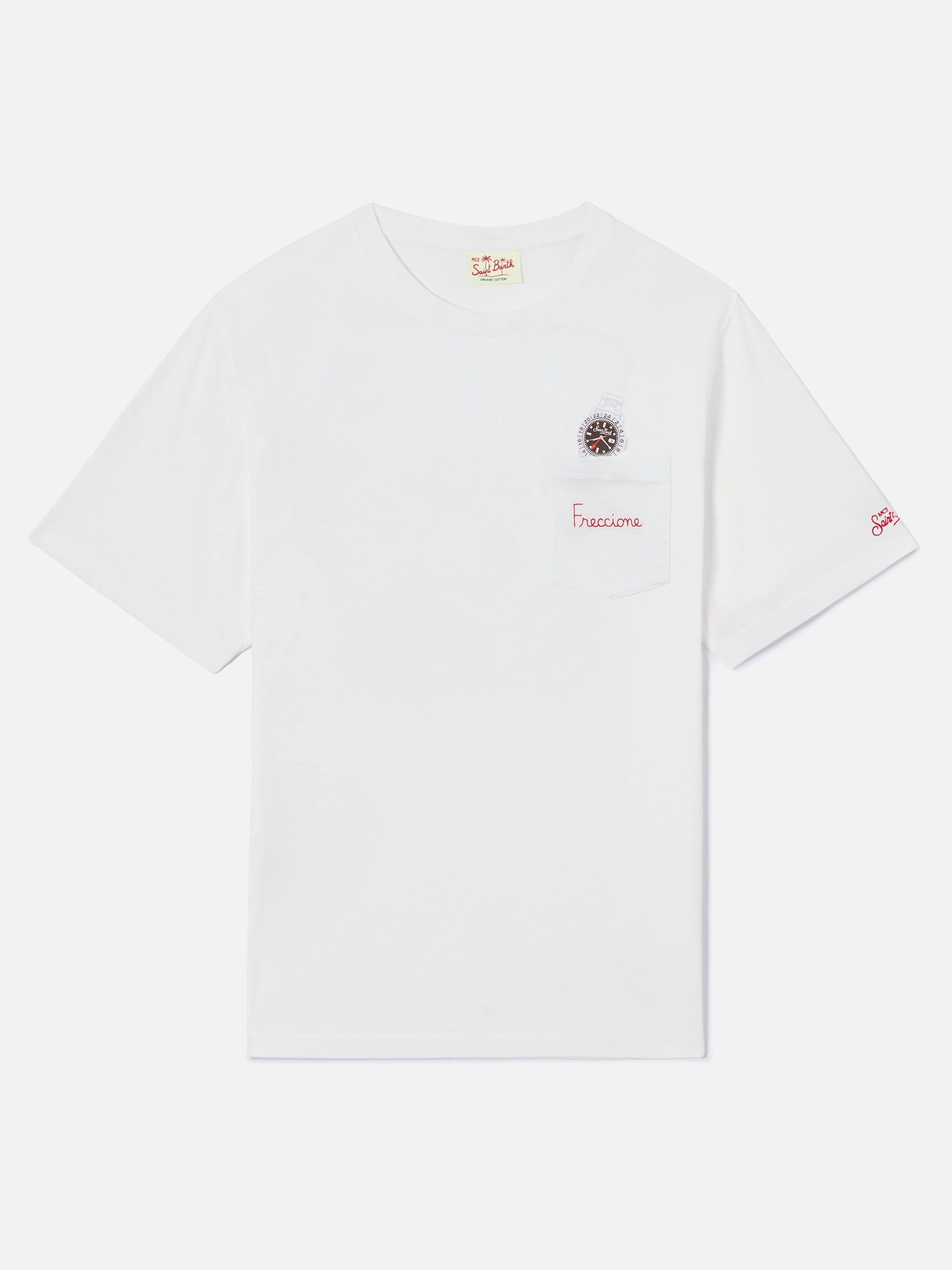 White Austin t-shirt with watch and Freccione embroidery