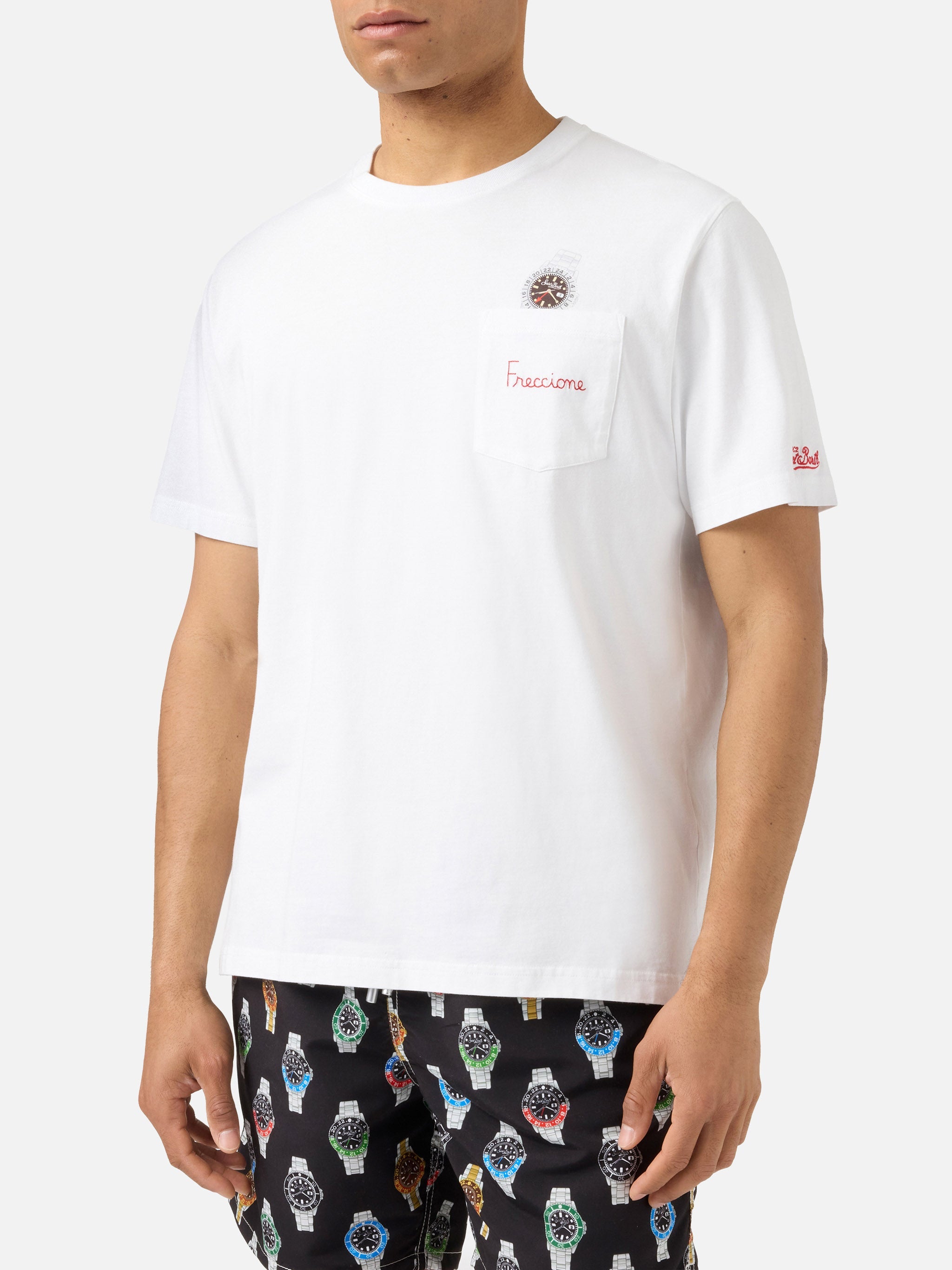 White Austin t-shirt with watch and Freccione embroidery