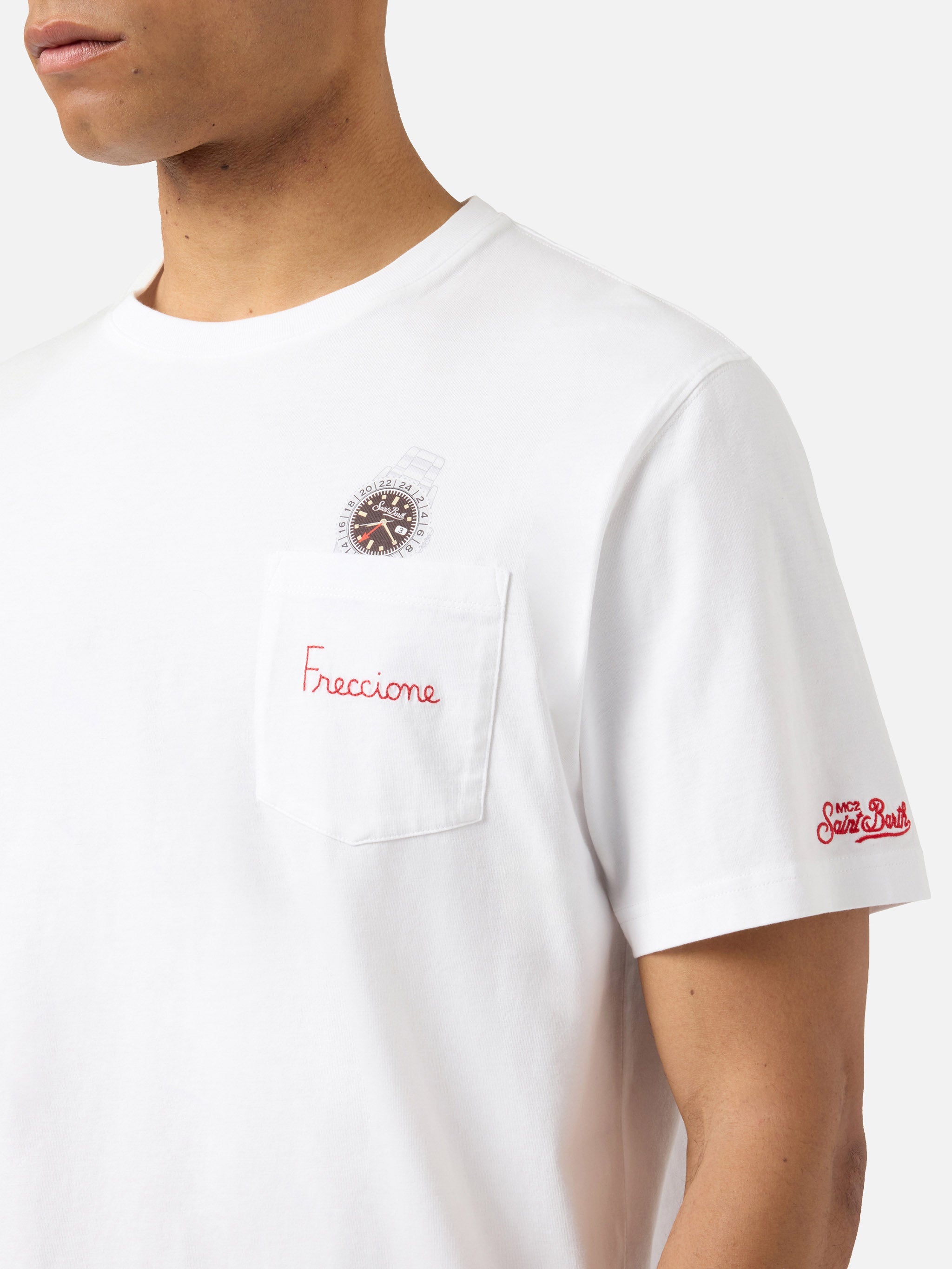 White Austin t-shirt with watch and Freccione embroidery