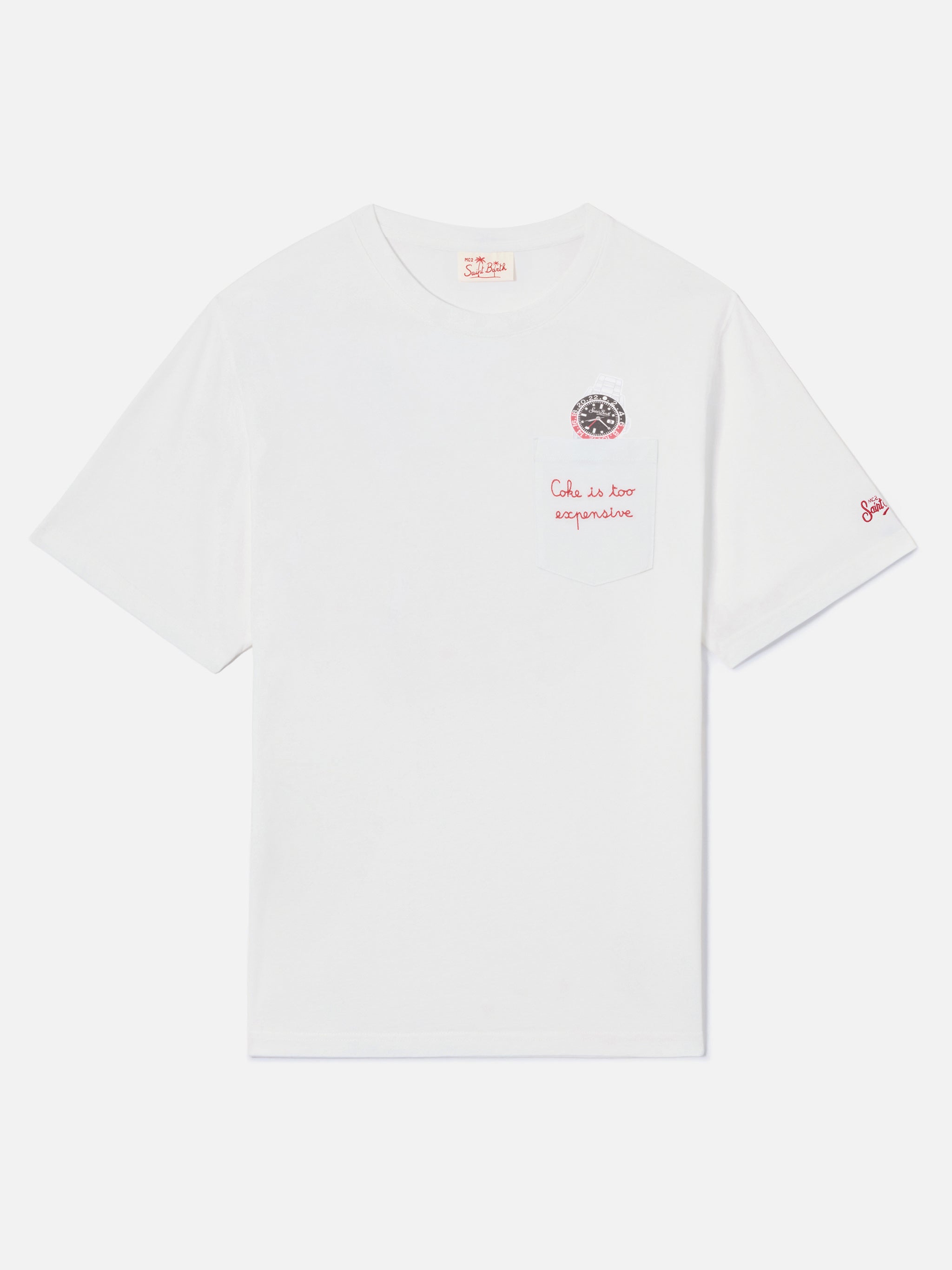 White Austin t-shirt with watch and Coke Is Too Expensive embroidery