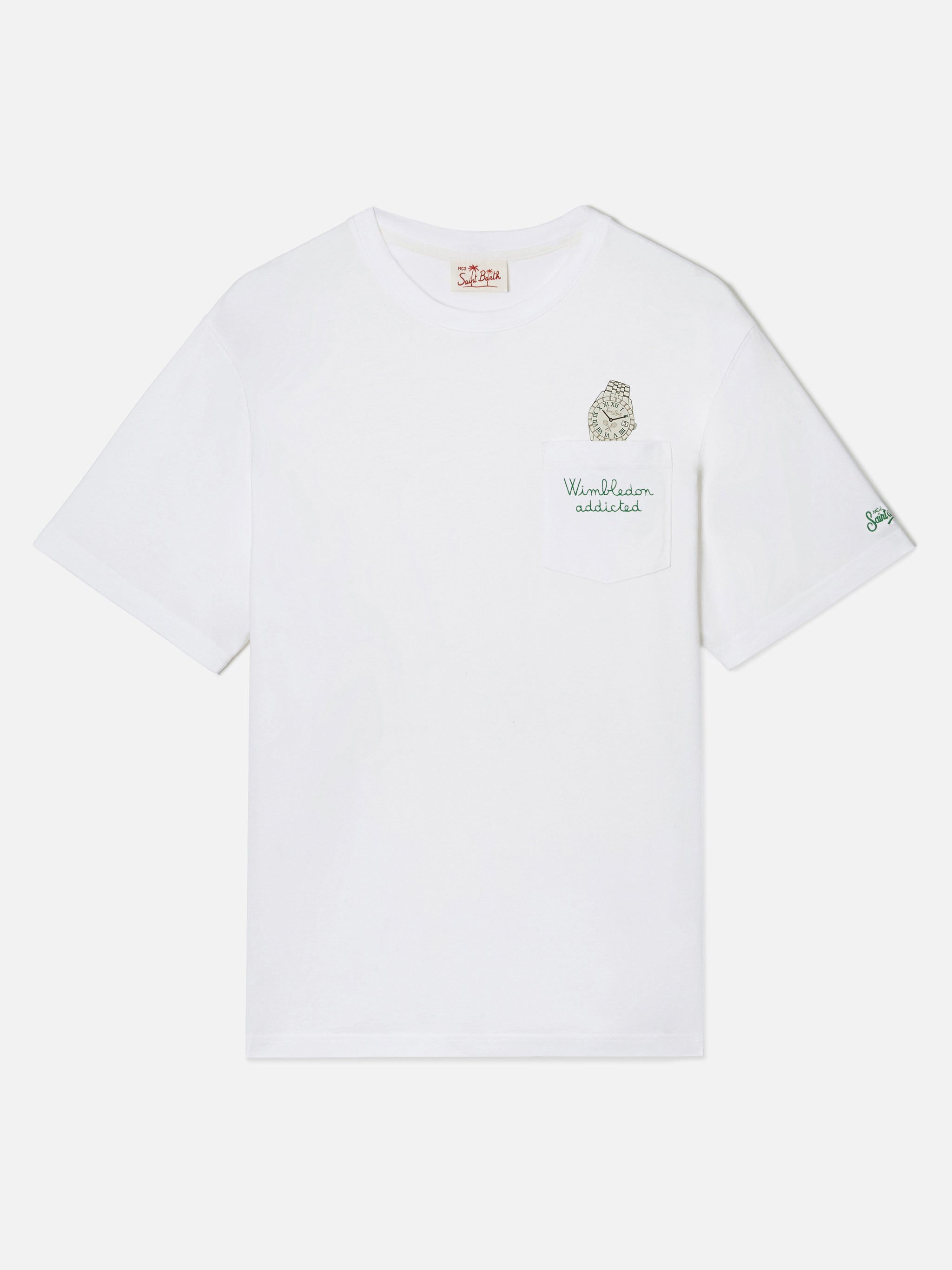 White Austin t-shirt with watch and Wimbledon Addicted embroidery
