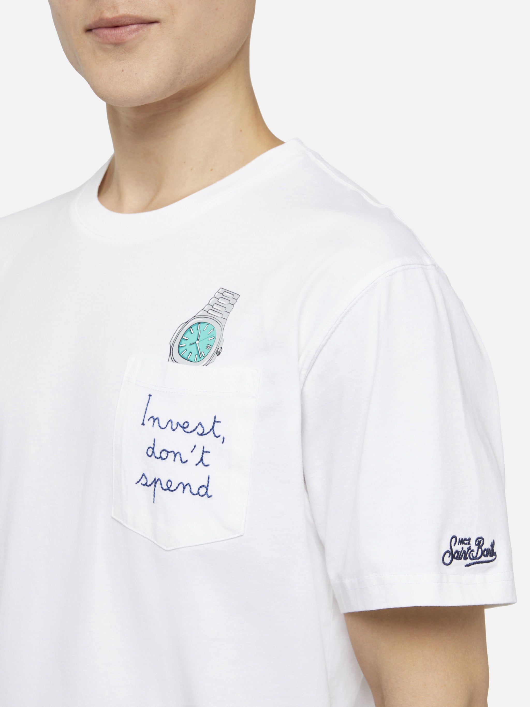 T-shirt in cotone Austin con ricamo e stampa orologio
