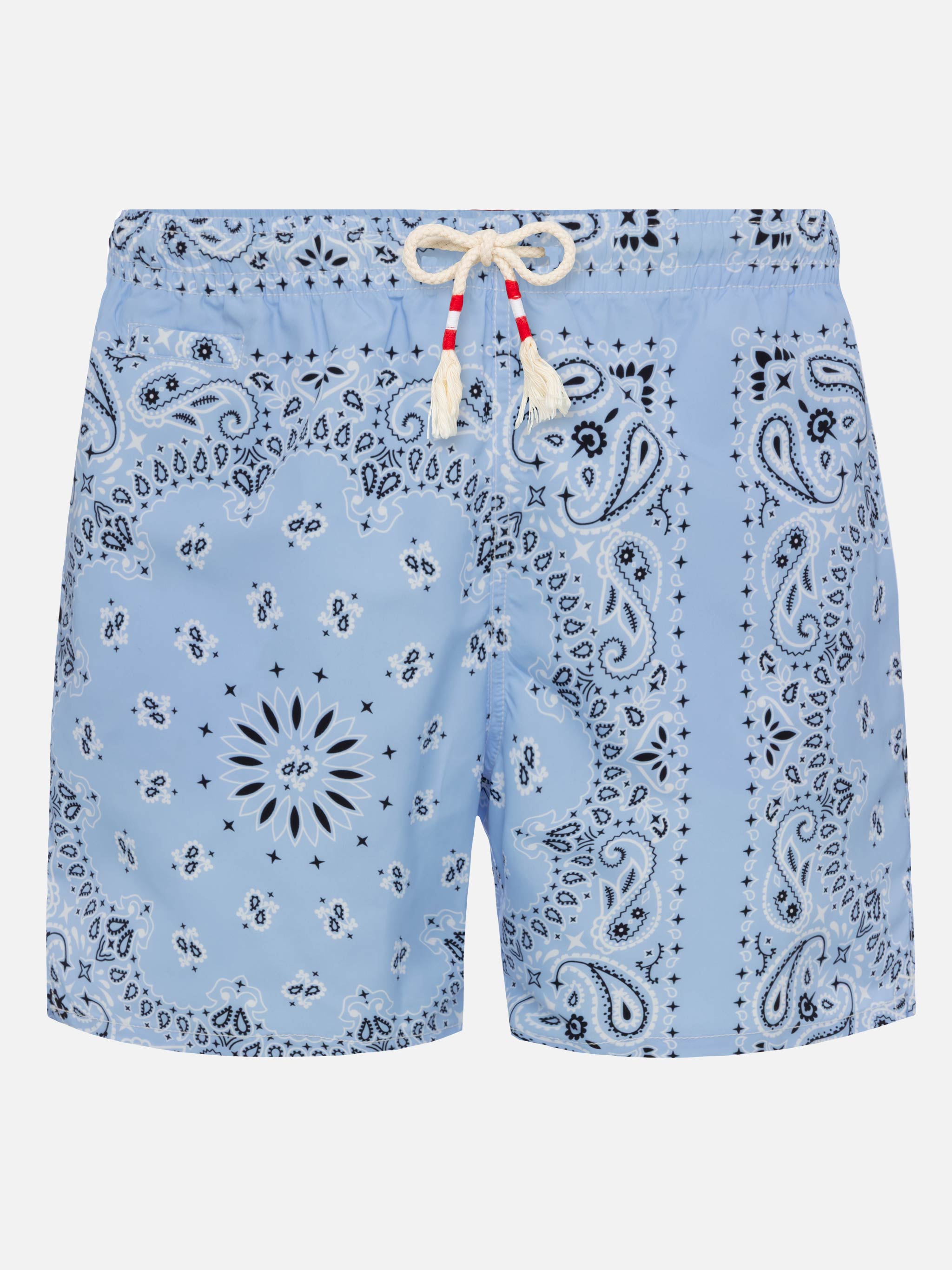 Mid-length swim-shorts Caprese with sky blue bandana print