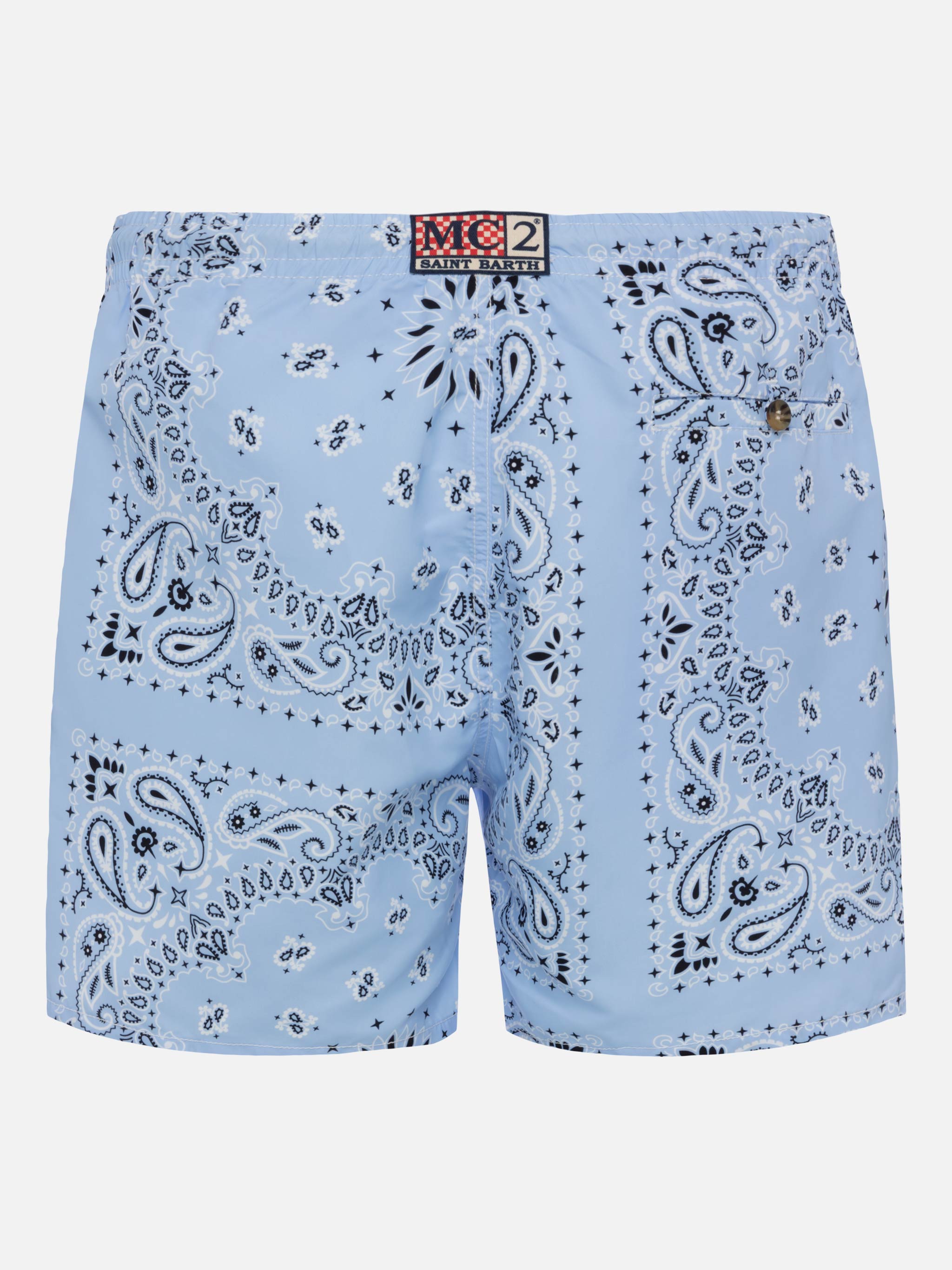 Mid-length swim-shorts Caprese with sky blue bandana print