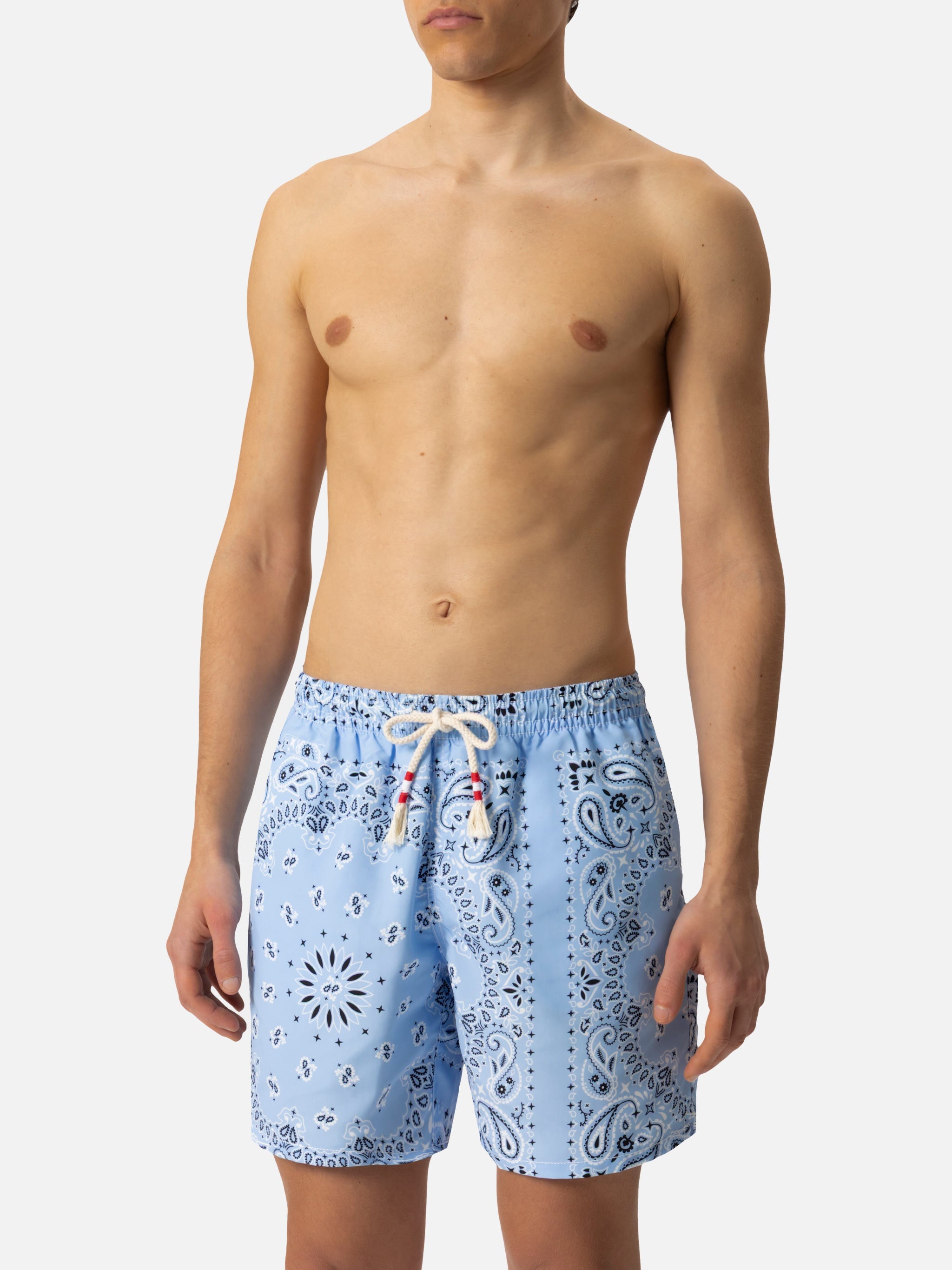 Mid-length swim-shorts Caprese with sky blue bandana print