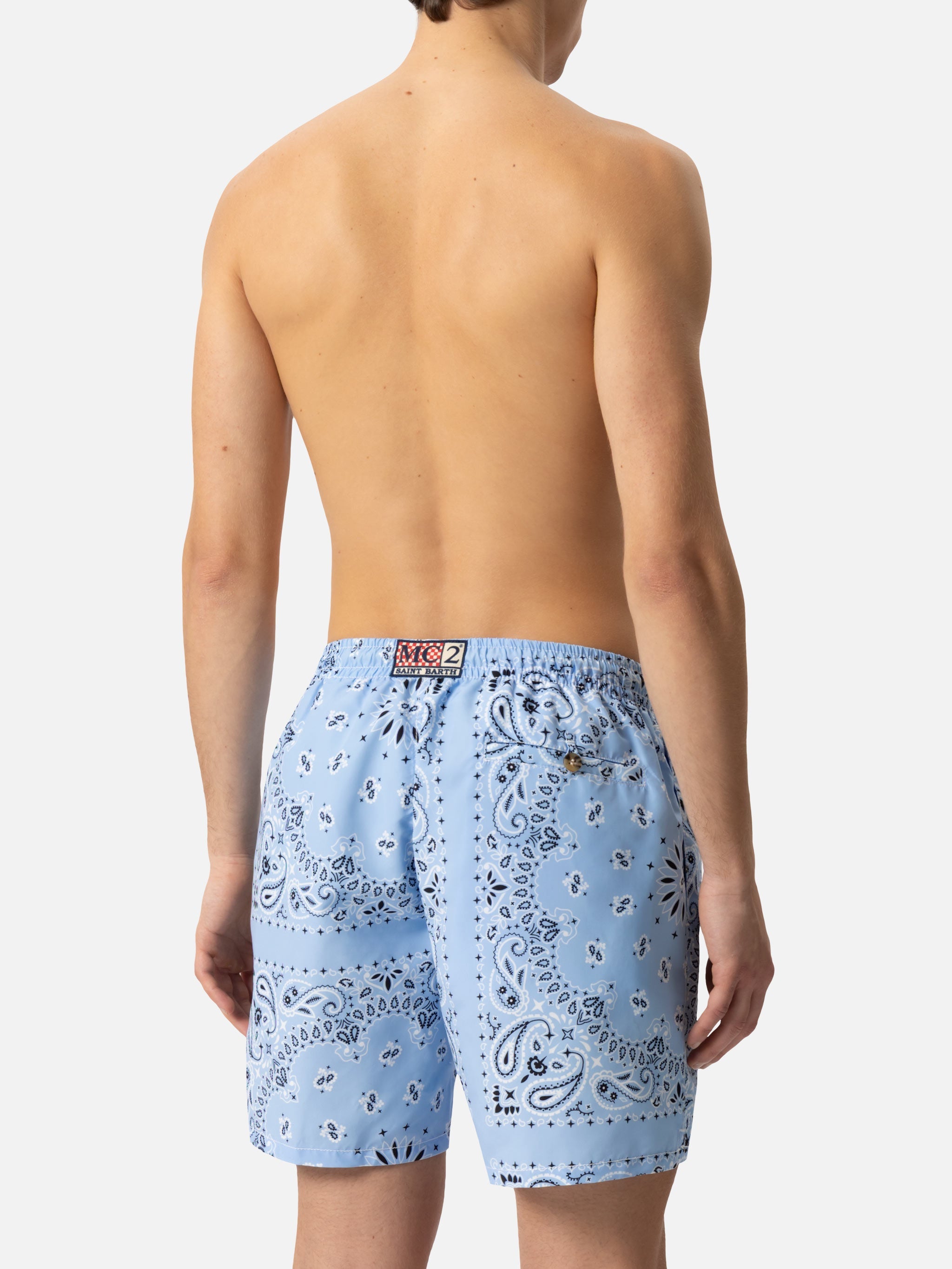 Mid-length swim-shorts Caprese with sky blue bandana print
