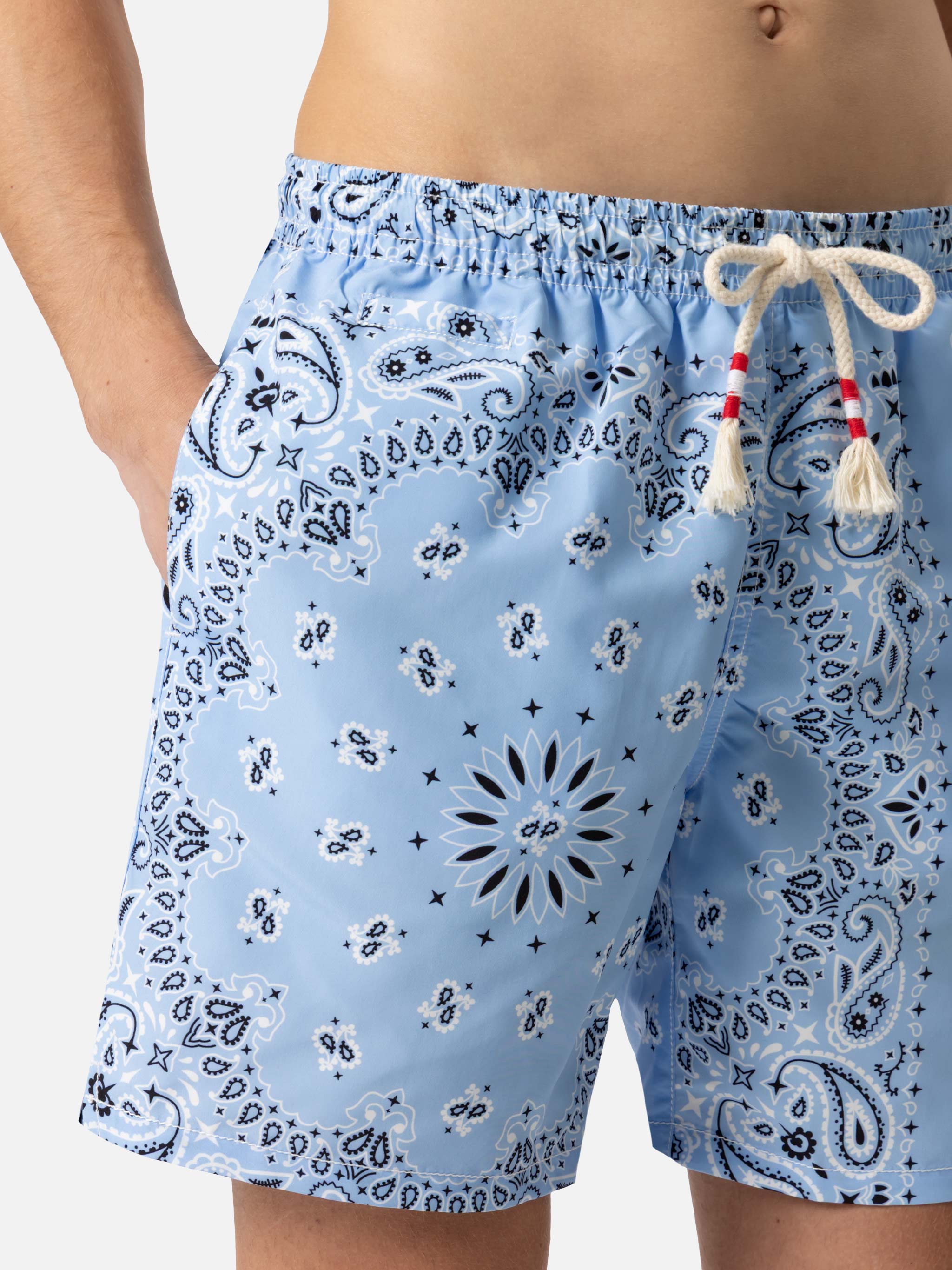 Mid-length swim-shorts Caprese with sky blue bandana print