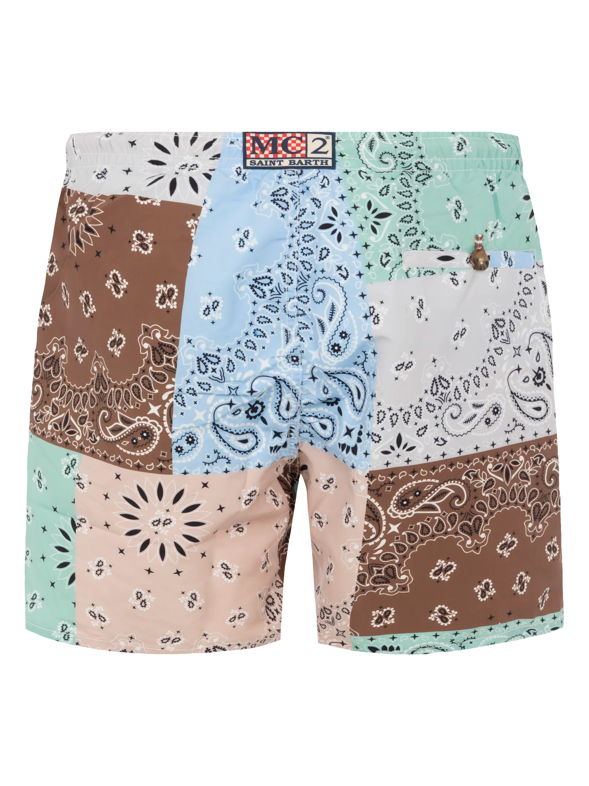 Mid-length swim-shorts Caprese with bandanna patch print