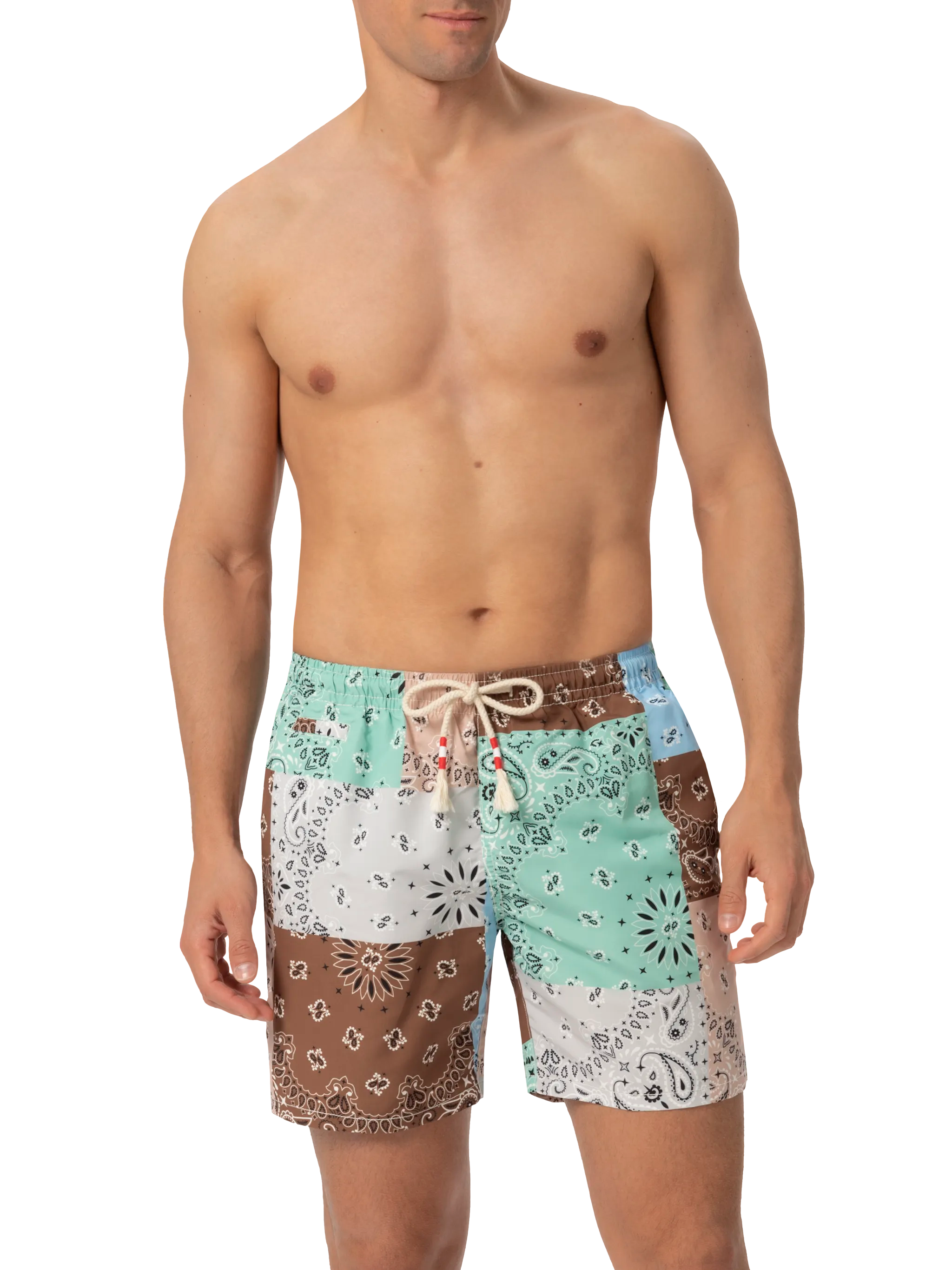 Mid-length swim-shorts Caprese with bandanna patch print