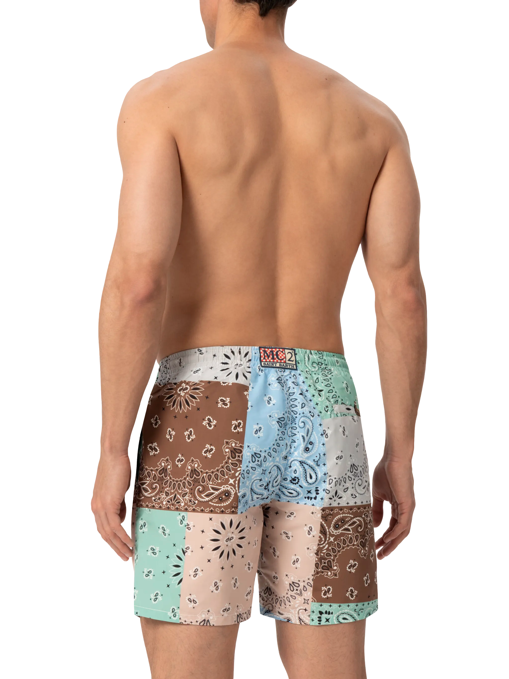 Mid-length swim-shorts Caprese with bandanna patch print