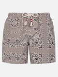 Mid-length swim-shorts Caprese with beige bandanna print