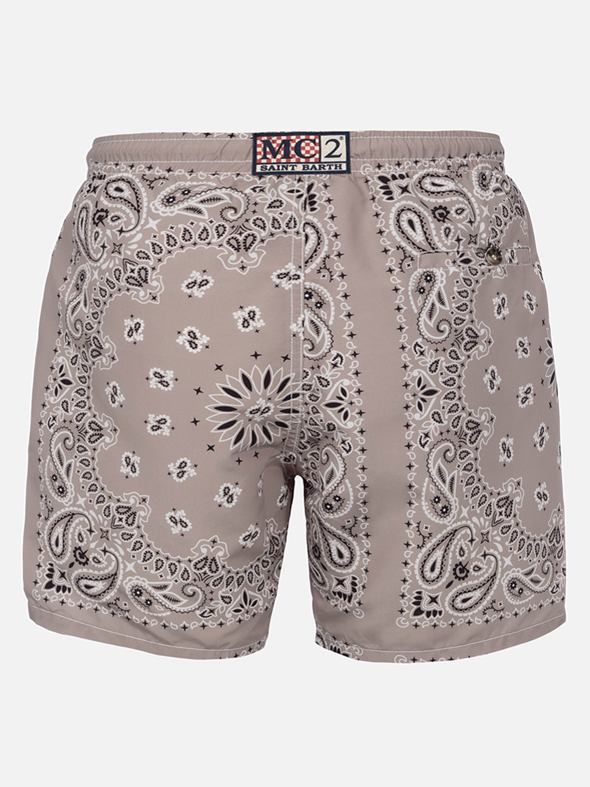Mid-length swim-shorts Caprese with beige bandanna print