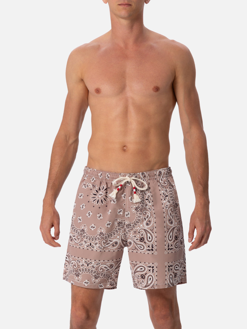 Mid-length swim-shorts Caprese with beige bandanna print
