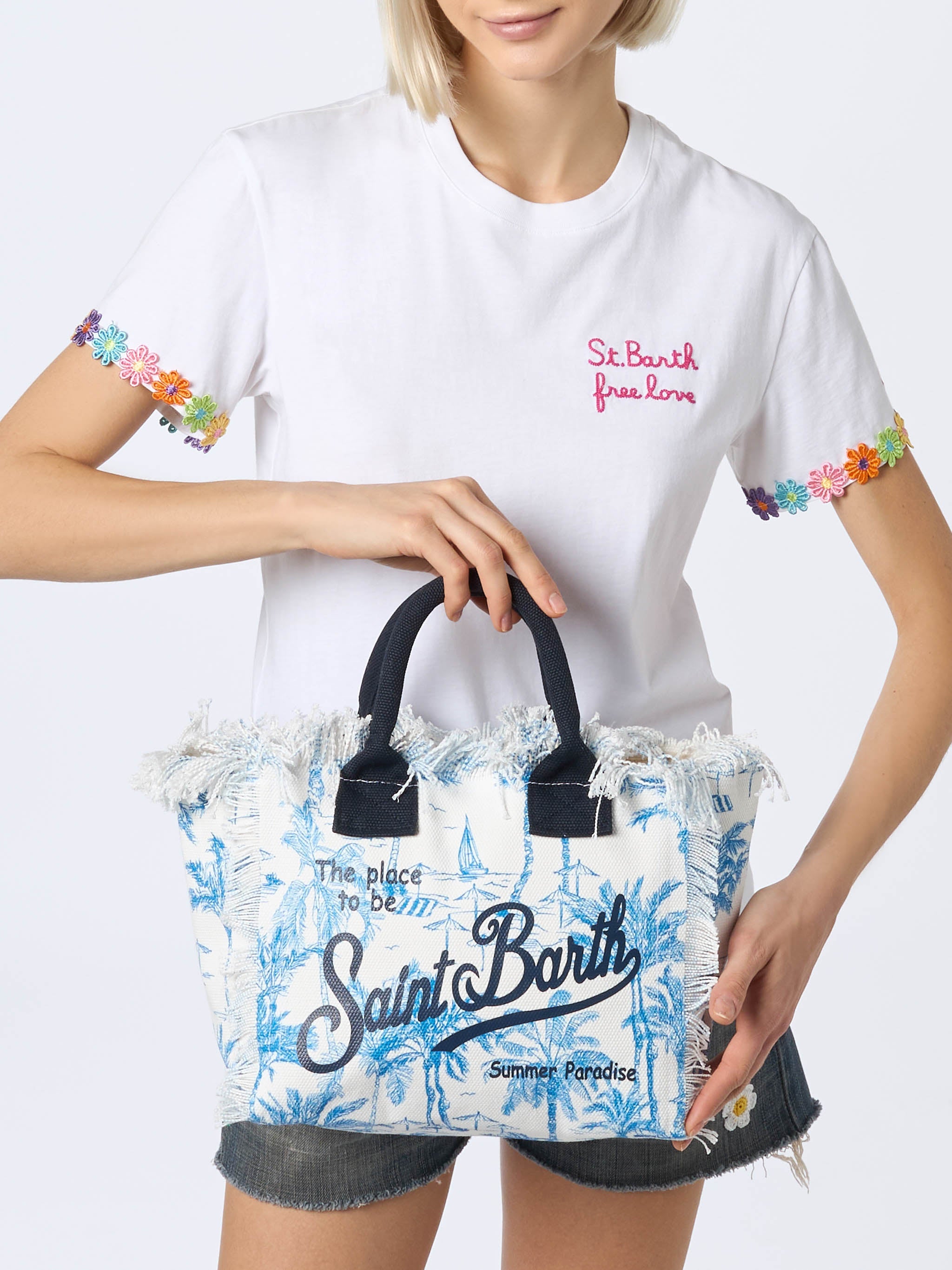 Colette cotton canvas handbag with toile de jouy print