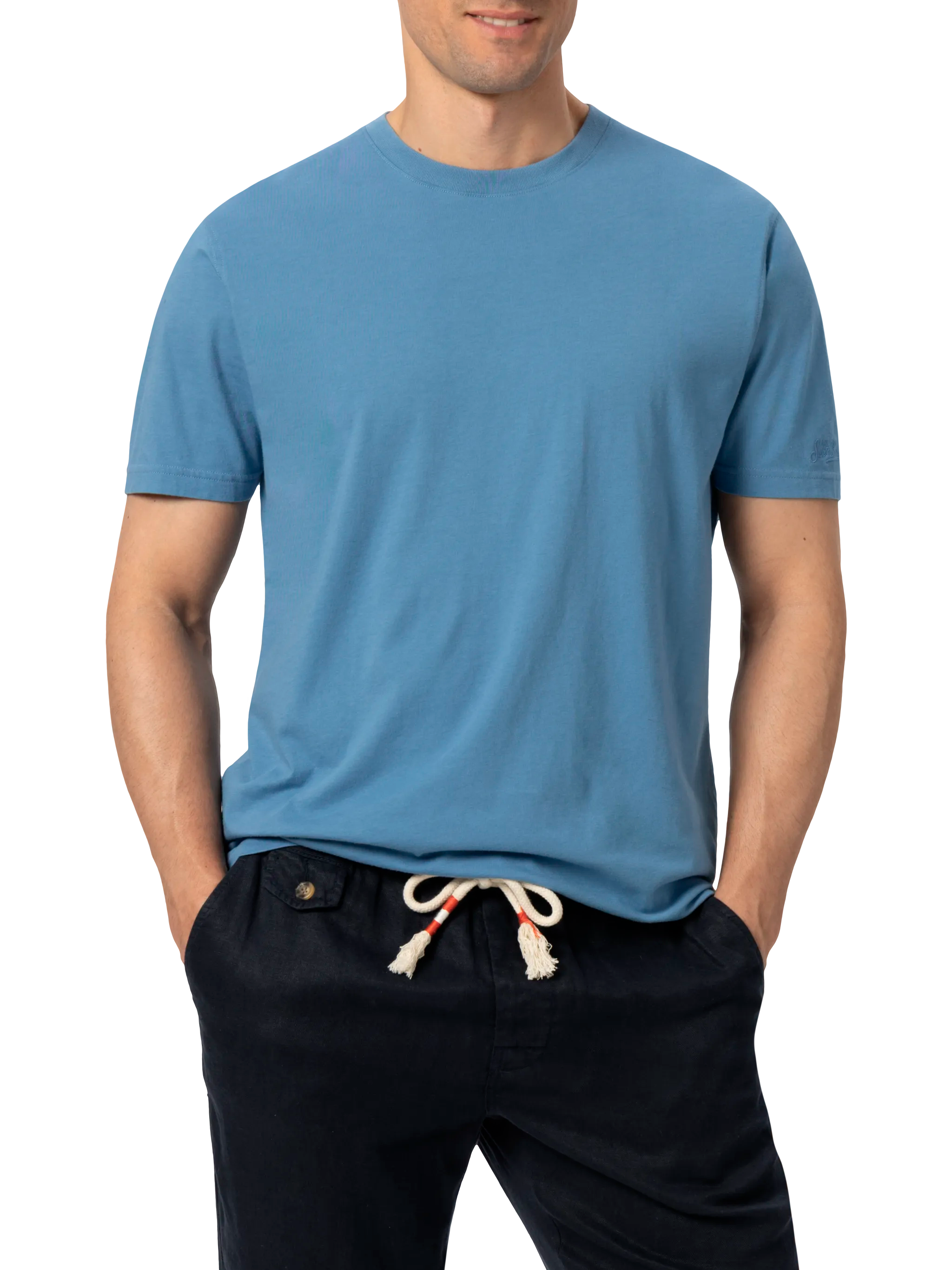 T-shirt in jersey di cotone blu polvere Dover con ricamo St. Barth