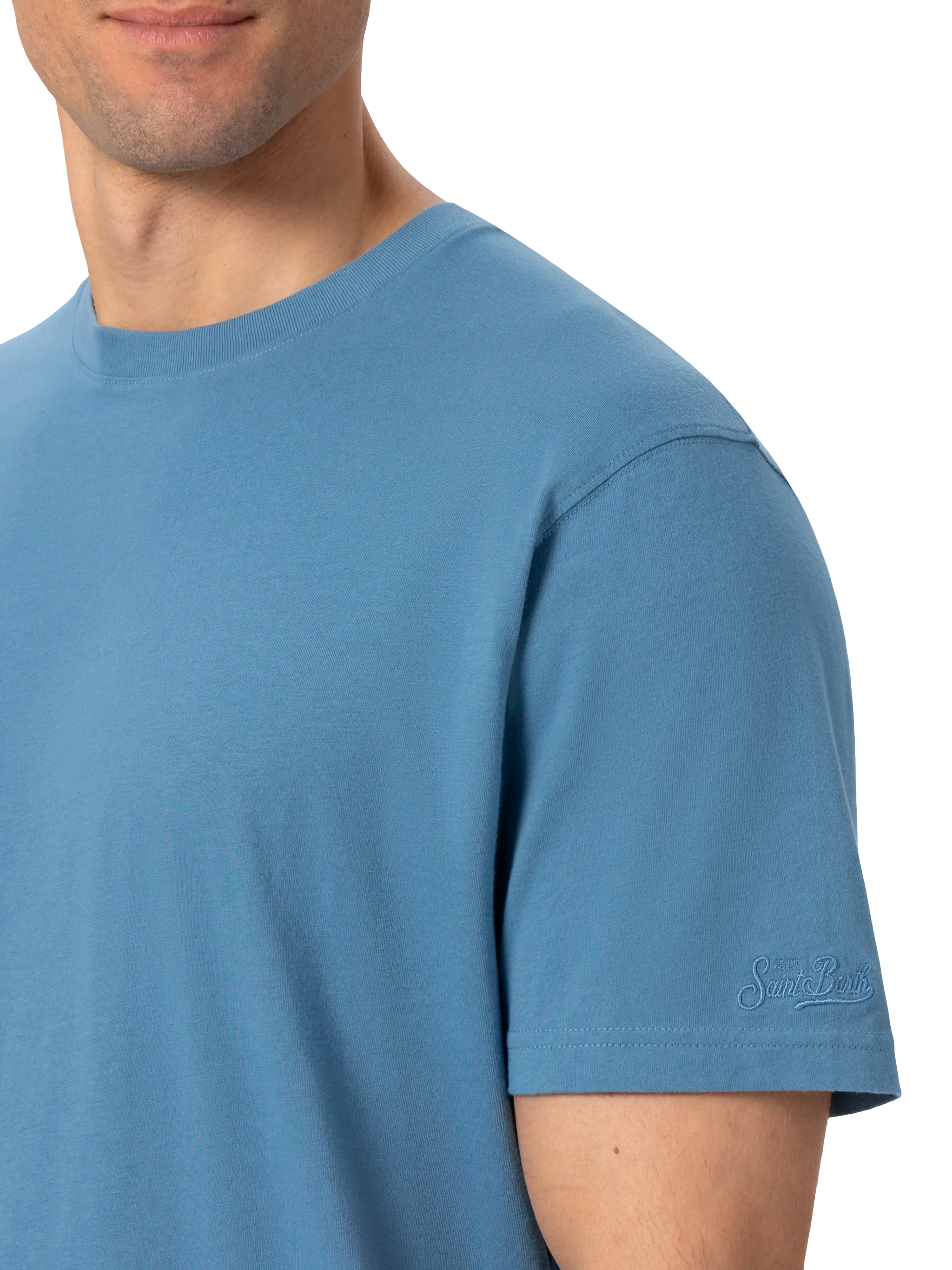 T-shirt in jersey di cotone blu polvere Dover con ricamo St. Barth