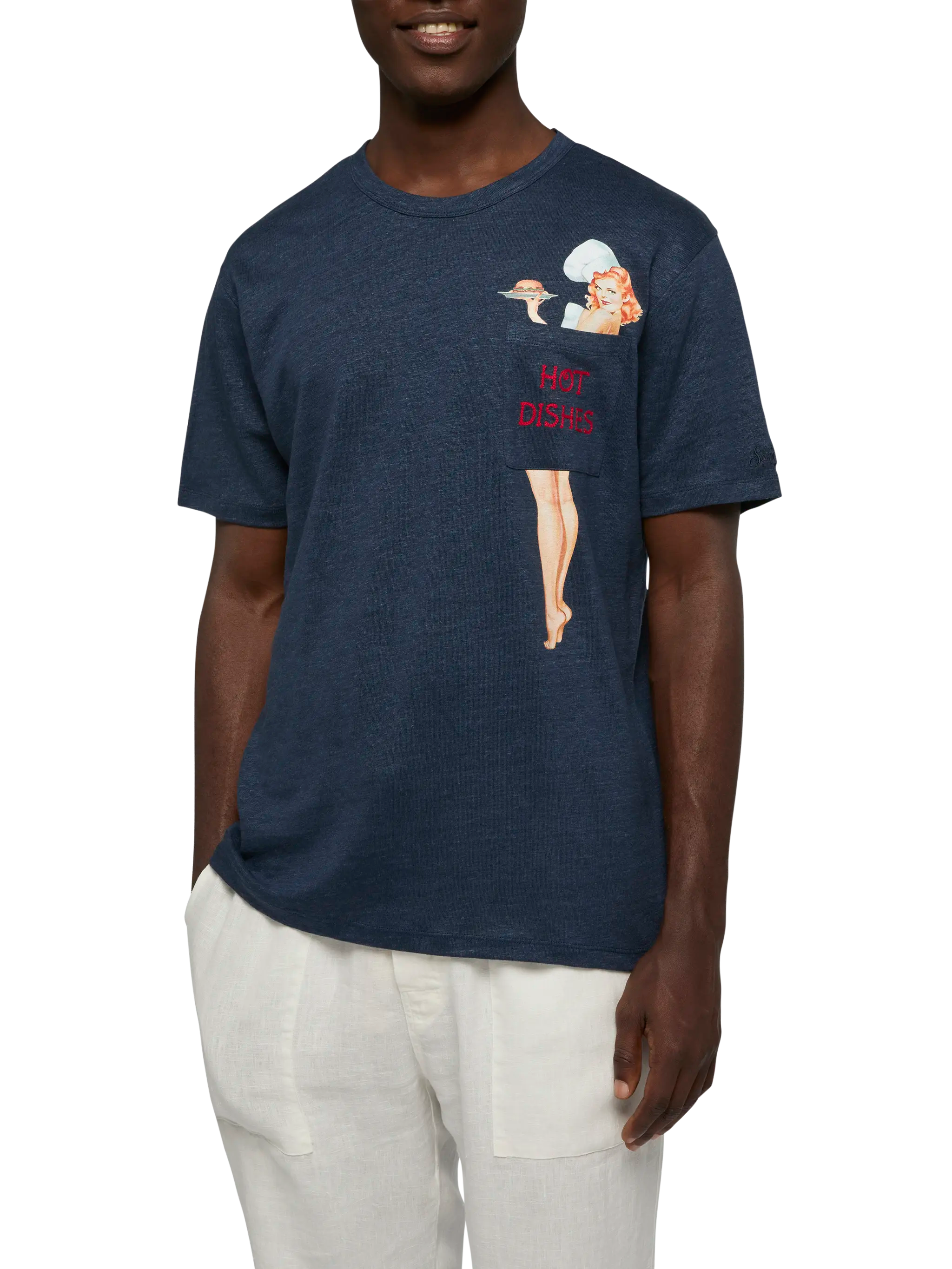 T-shirt in jersey di lino Ecstasea con taschino stampato e ricamato