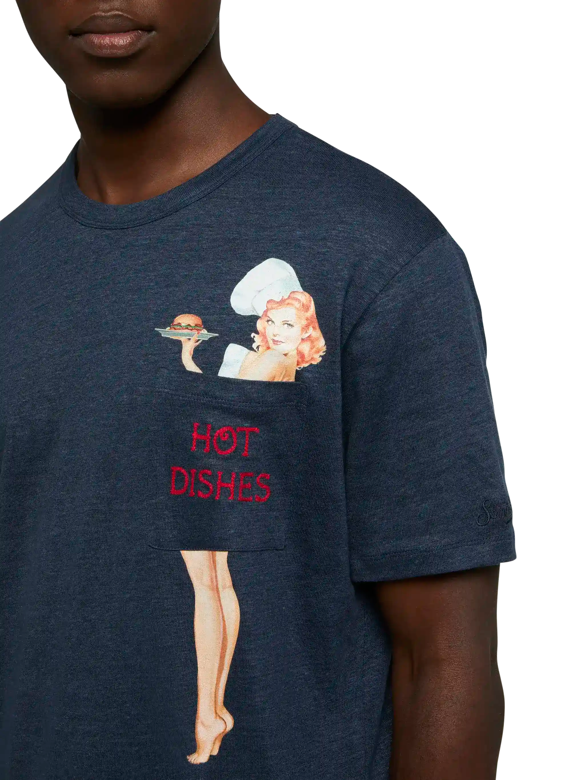 T-shirt in jersey di lino Ecstasea con taschino stampato e ricamato