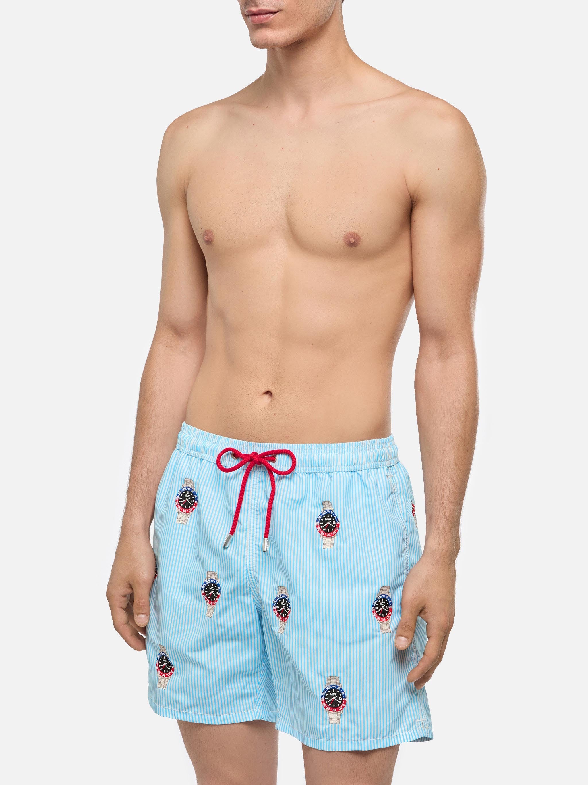 Mid-length striped Gustavia swim-shorts with watches embroidery