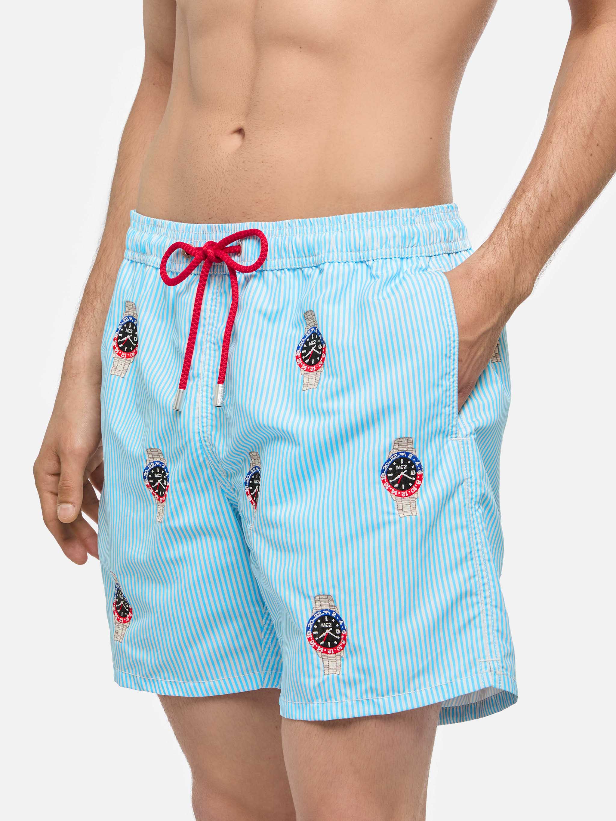 Mid-length striped Gustavia swim-shorts with watches embroidery