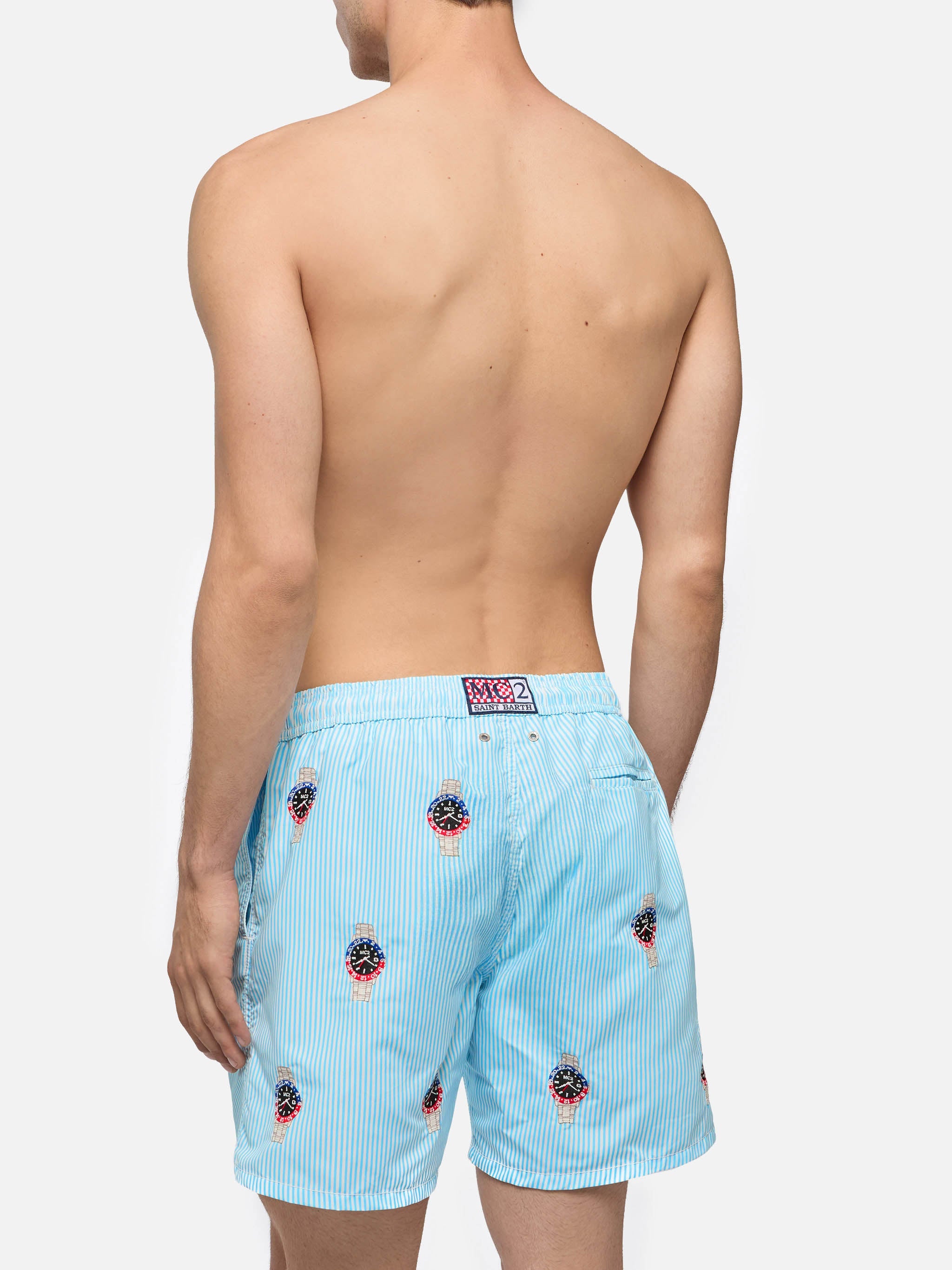 Mid-length striped Gustavia swim-shorts with watches embroidery