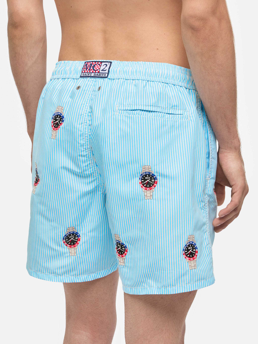 Mid-length striped Gustavia swim-shorts with watches embroidery