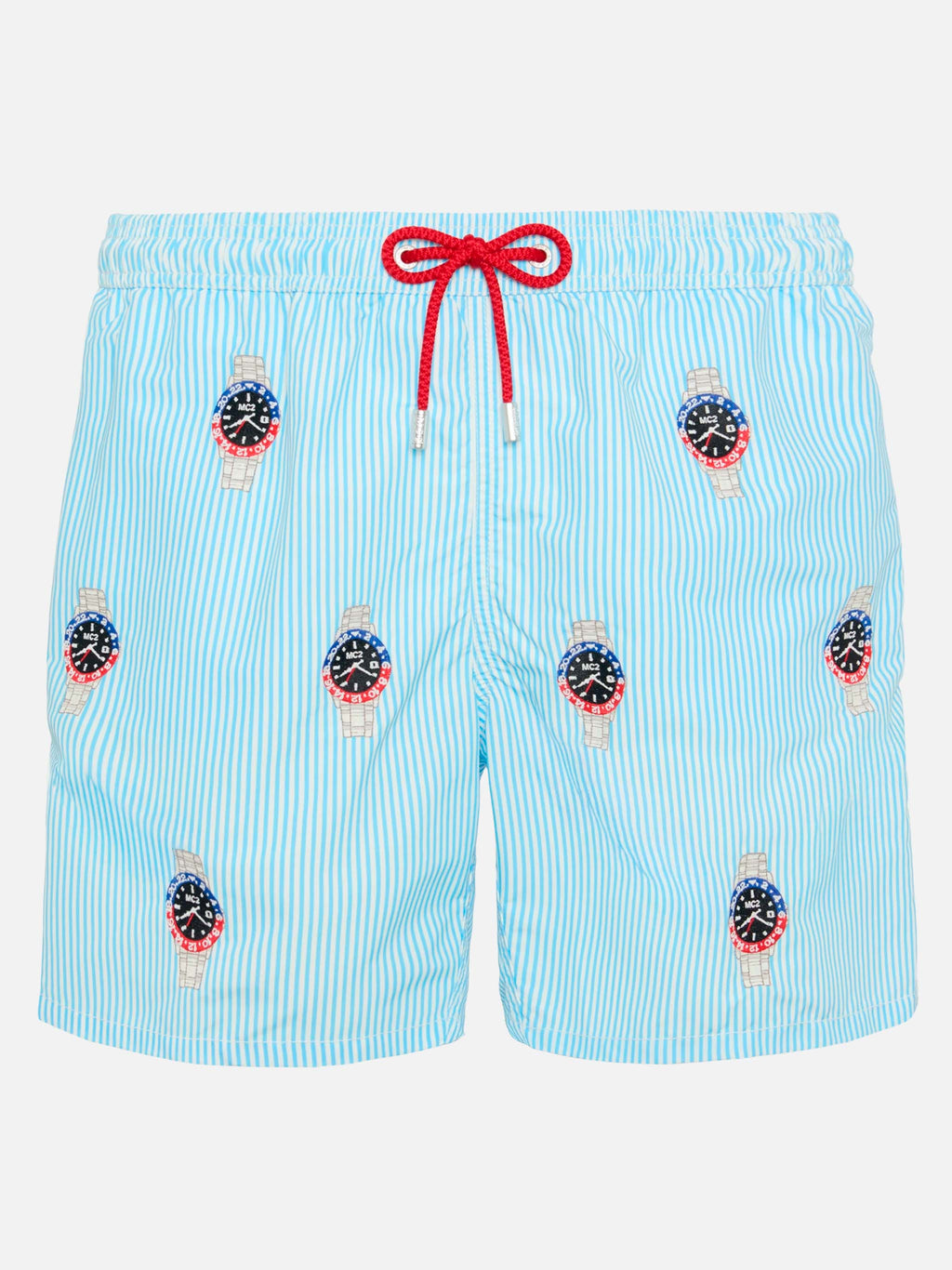 Mid-length striped Gustavia swim-shorts with watches embroidery