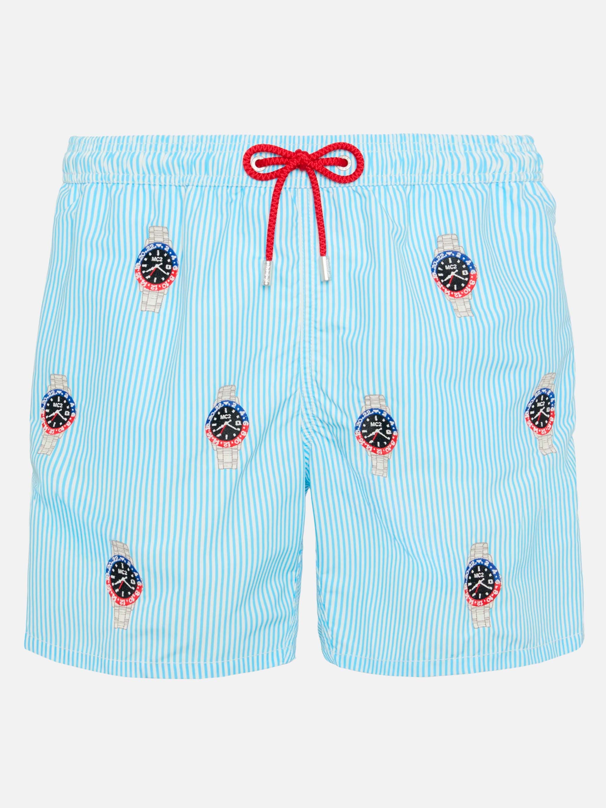 Mid-length striped Gustavia swim-shorts with watches embroidery