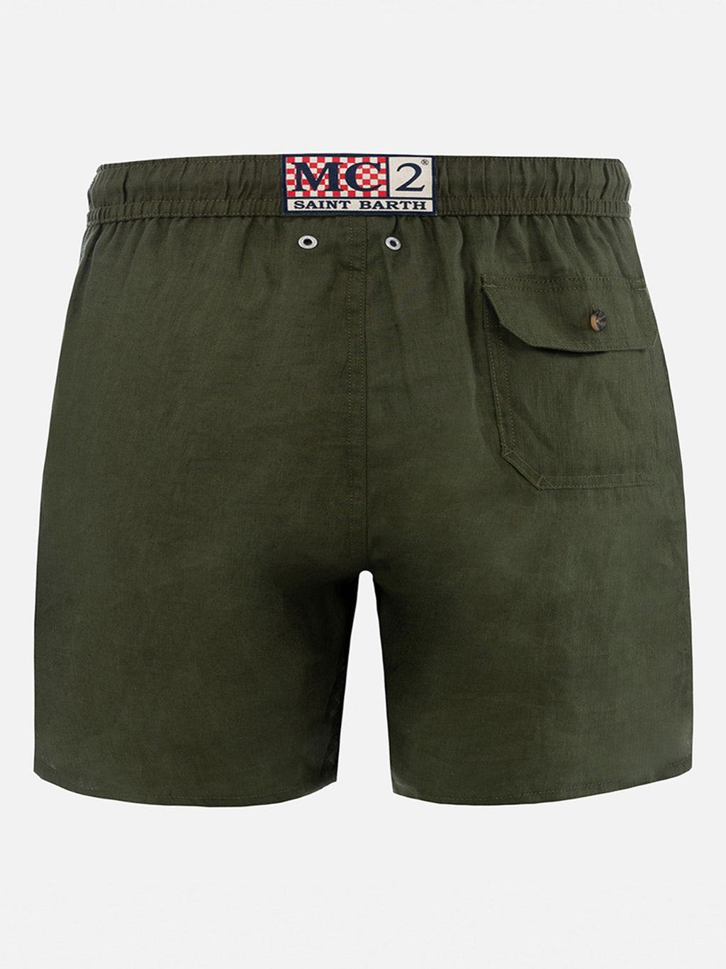 Gustavia military green plain-color linen swim shorts