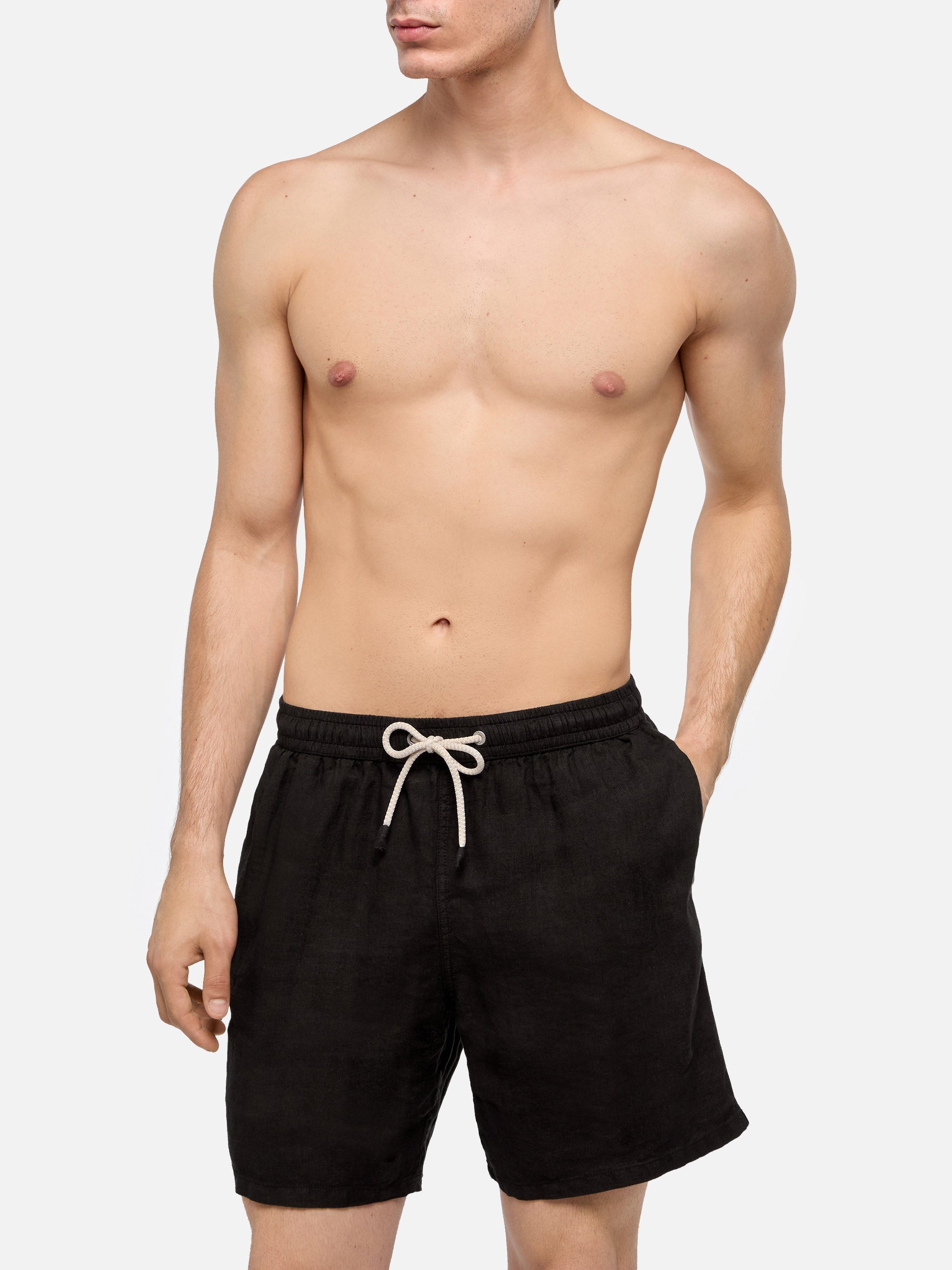 Gustavia black plain-color linen swim shorts